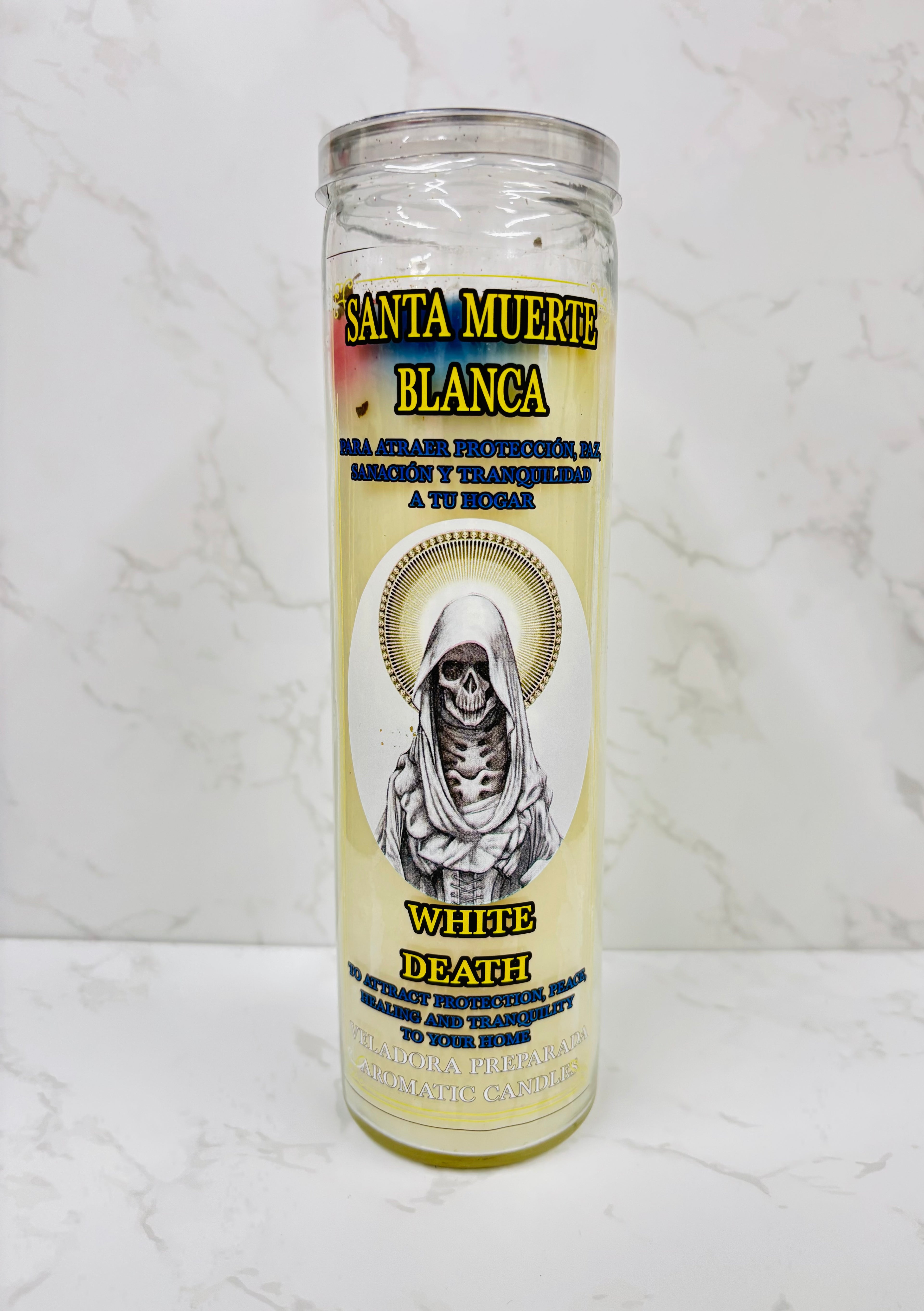 White Santa Muerte Fixed Ritual Candle – Para Atraer Protección y Paz