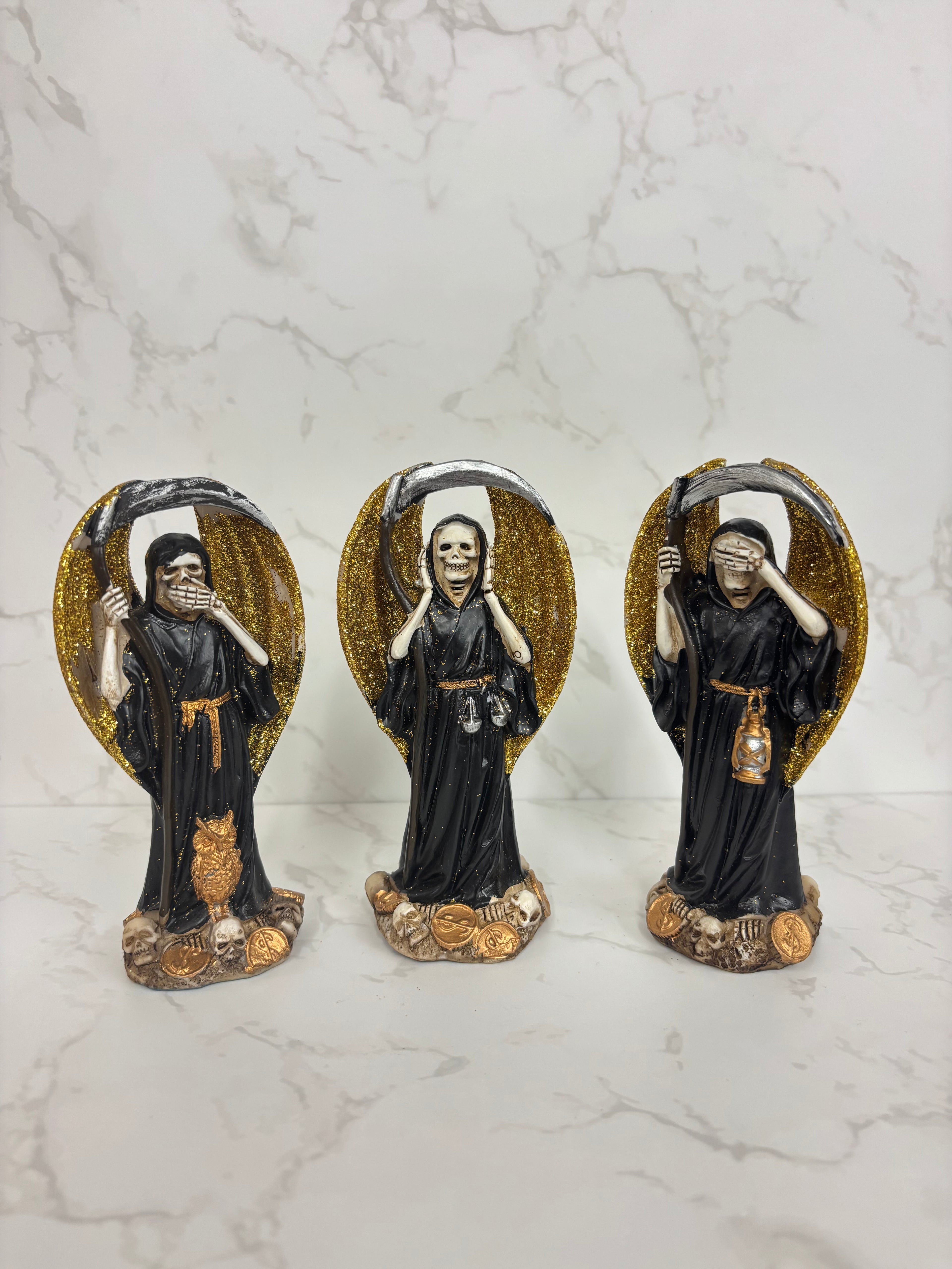 Set of 3 Black Santa Muerte Statues with Golden Halo – Protection, Wisdom & Guidance 5"