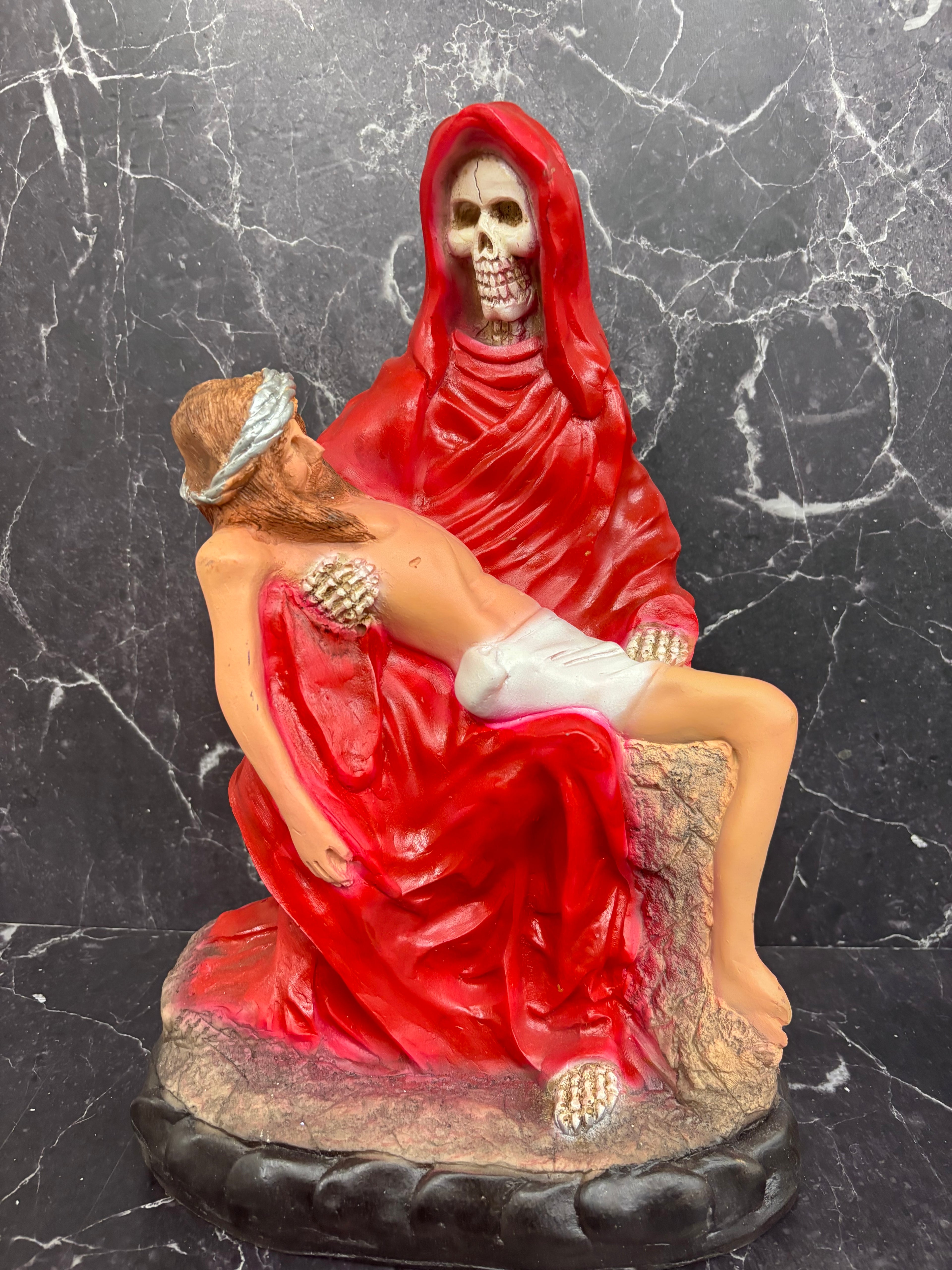 Santa Muerte Pietà Statue – Red Robes with Christ Figure