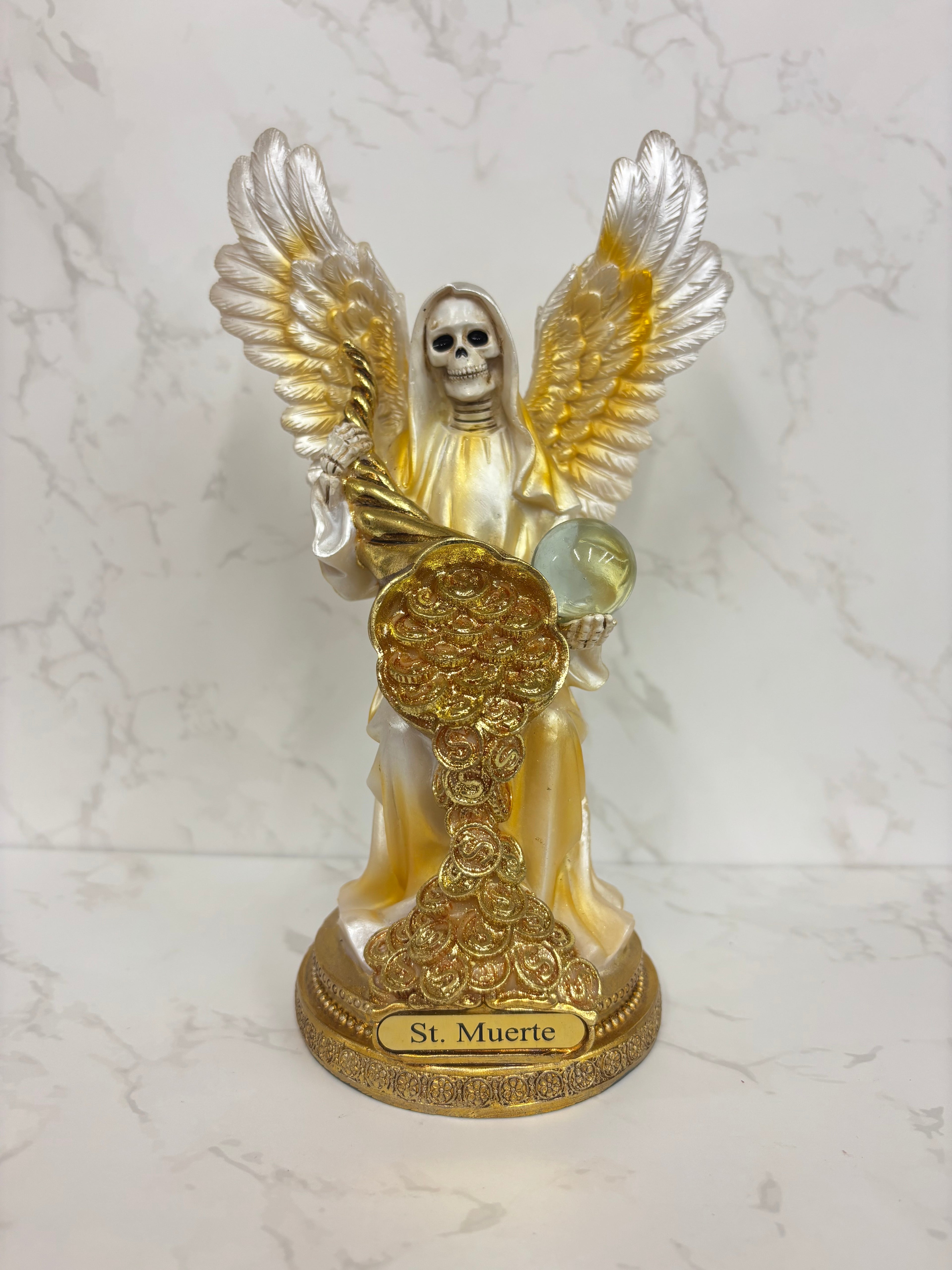 Santa Muerte Angel Statue – Blue & Gold Prosperity Figure with Wings & Coins