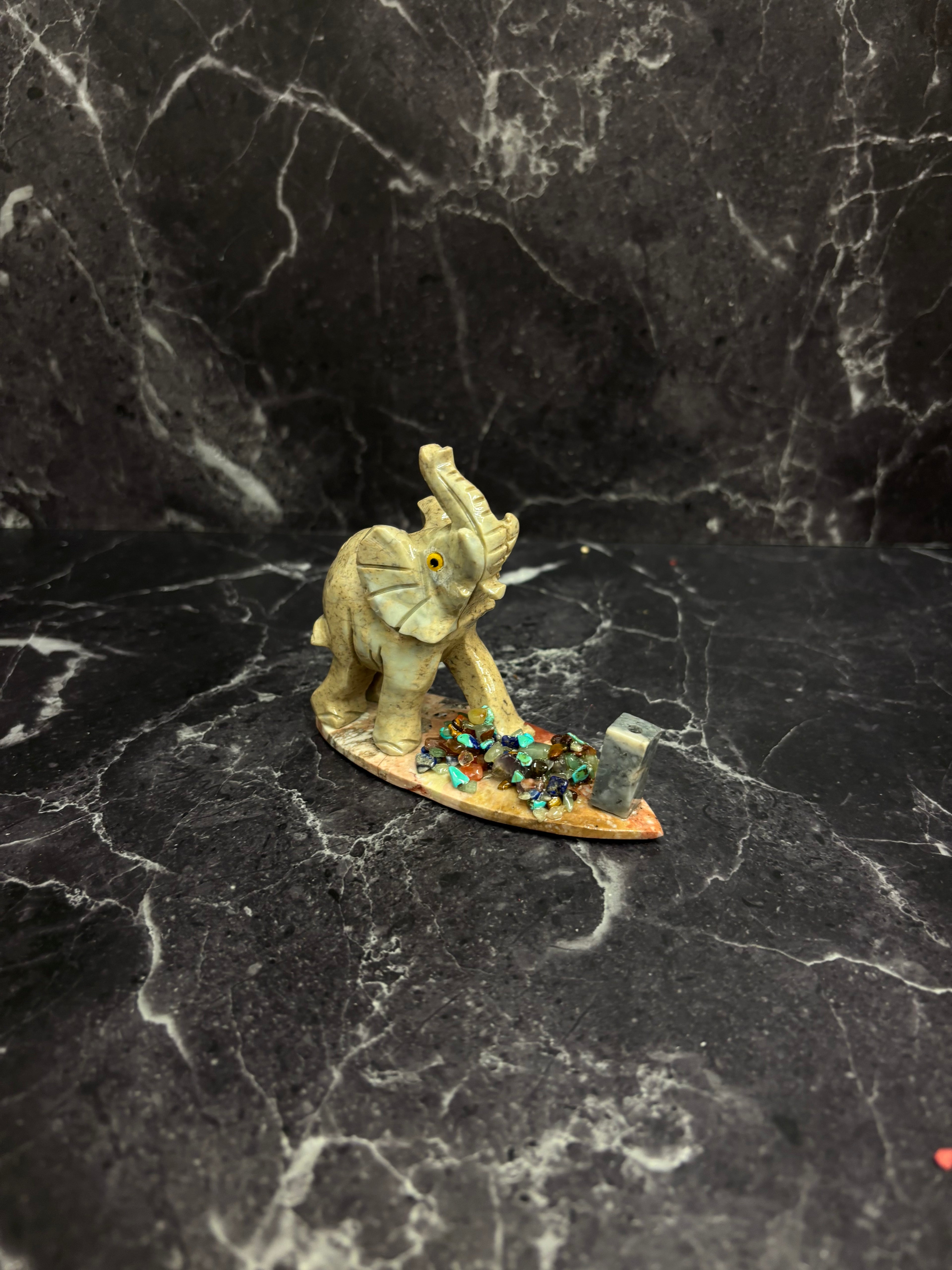 Hand-Carved Stone Elephant with Gemstone Accents – Good Luck & Prosperity