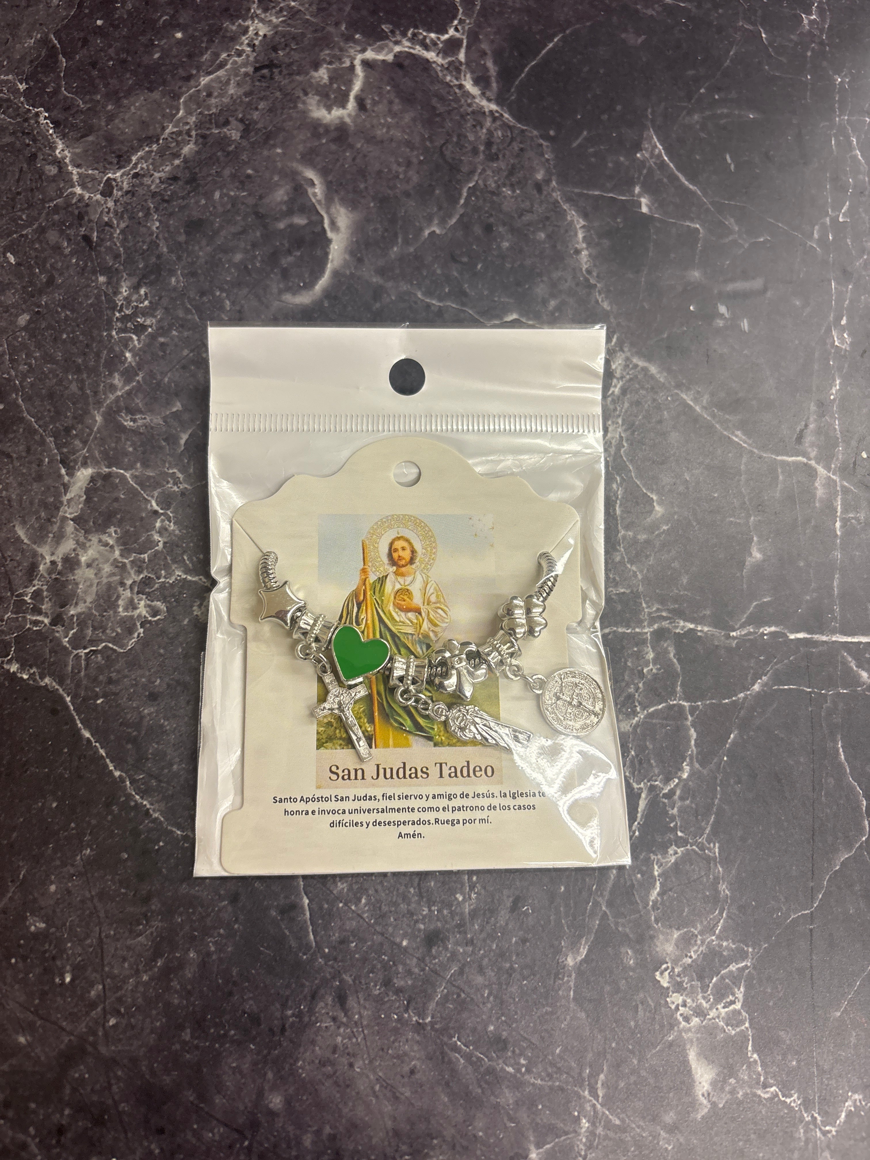 San Judas Tadeo Protection Charm Bracelet (Green Heart Edition)