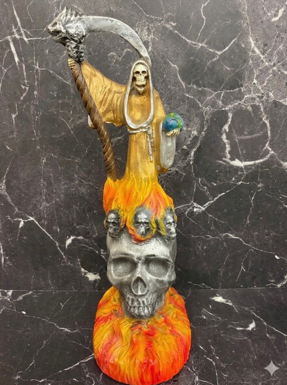 Golden Santa Muerte with Flaming Skull Base – Scythe & Earth Figurine