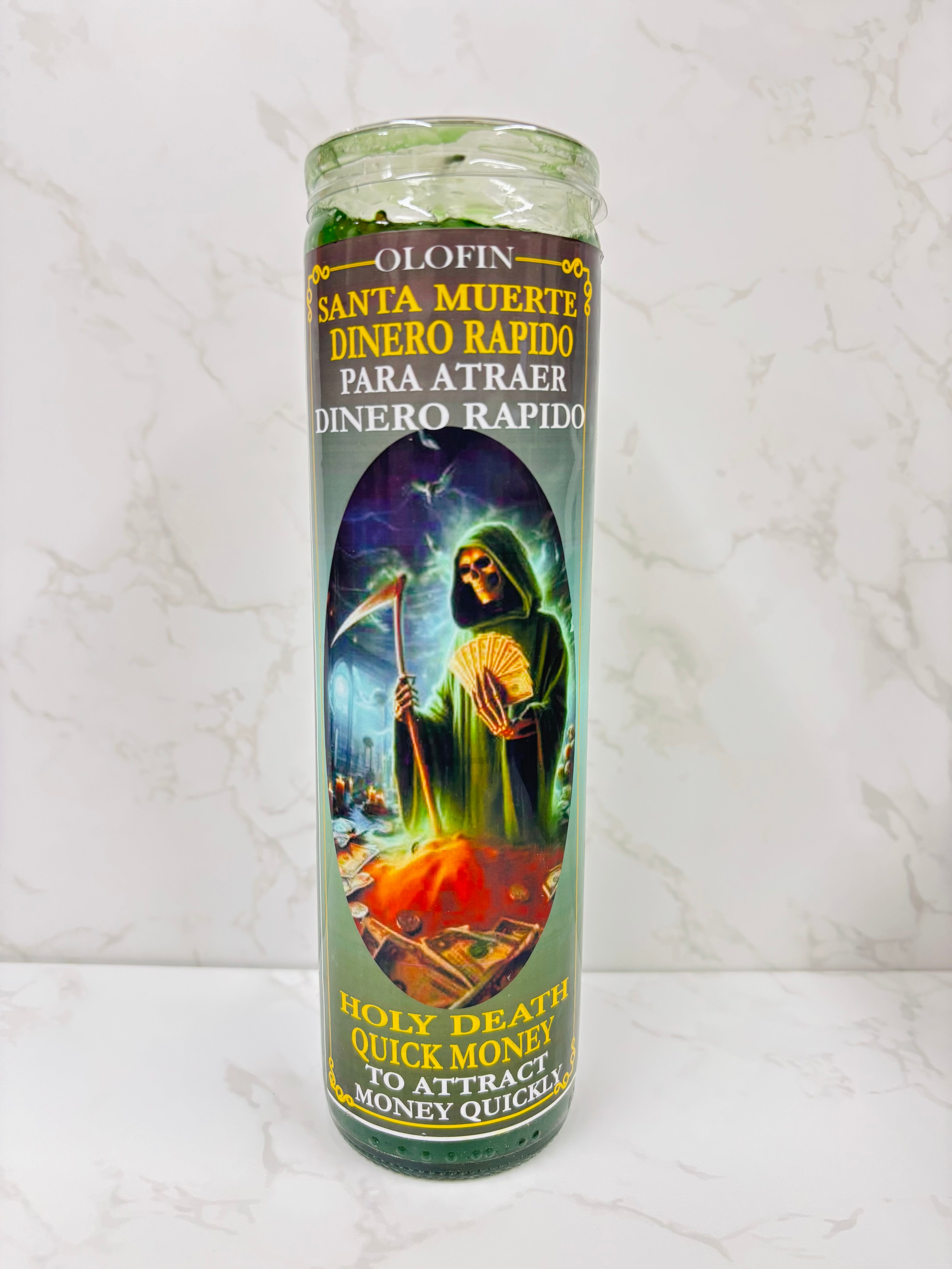 Olofin Santa Muerte Dinero Rápido Ritual Candle – To Attract Money Quickly