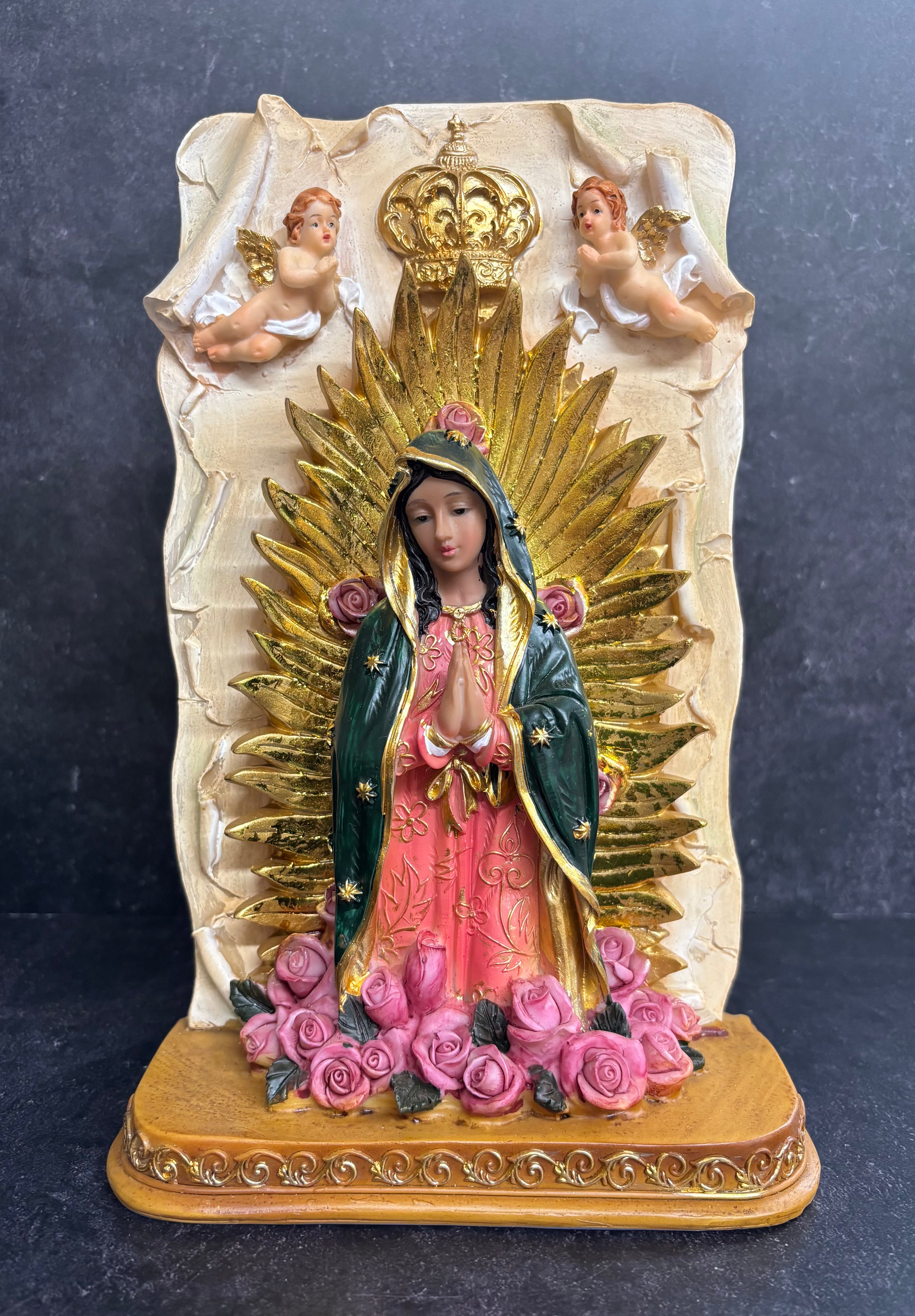 10" Golden Grace - Virgen de Guadalupe Rose & Angel Shrine