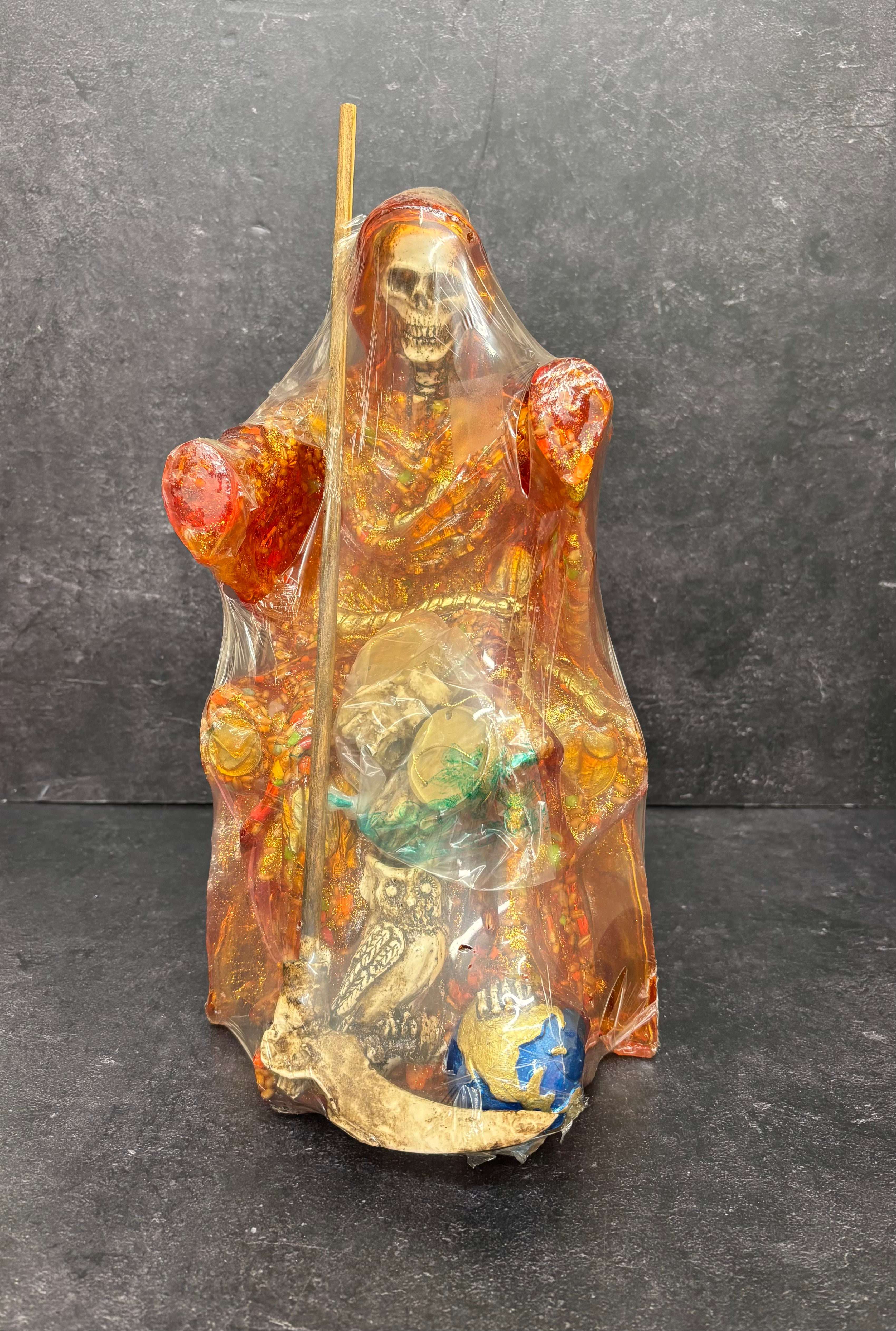 12" Santa Muerte Amber Gold Reain Statue