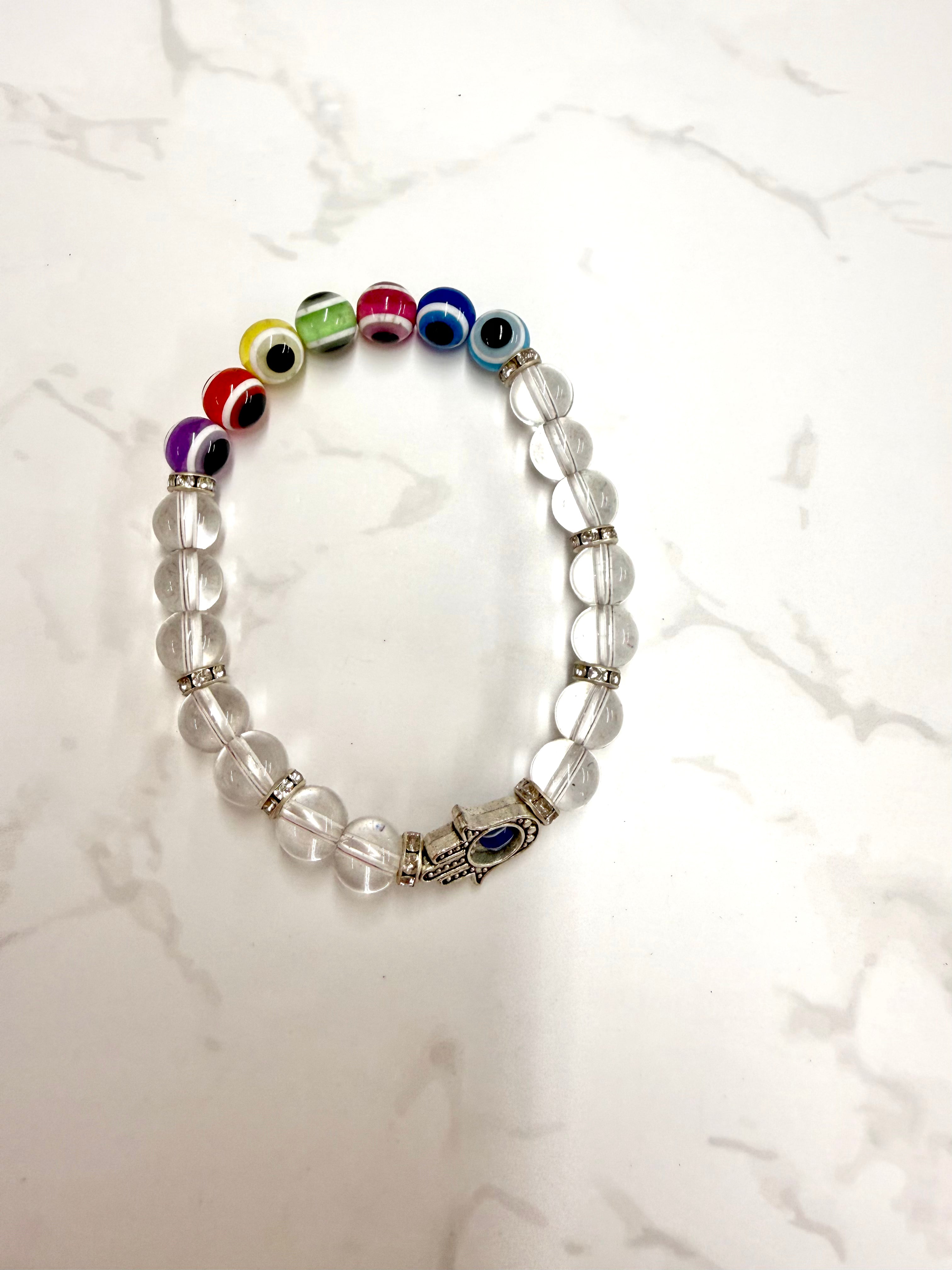 Evil Eye & Clear Quartz Protection Bracelet with Hamsa Hand Charm