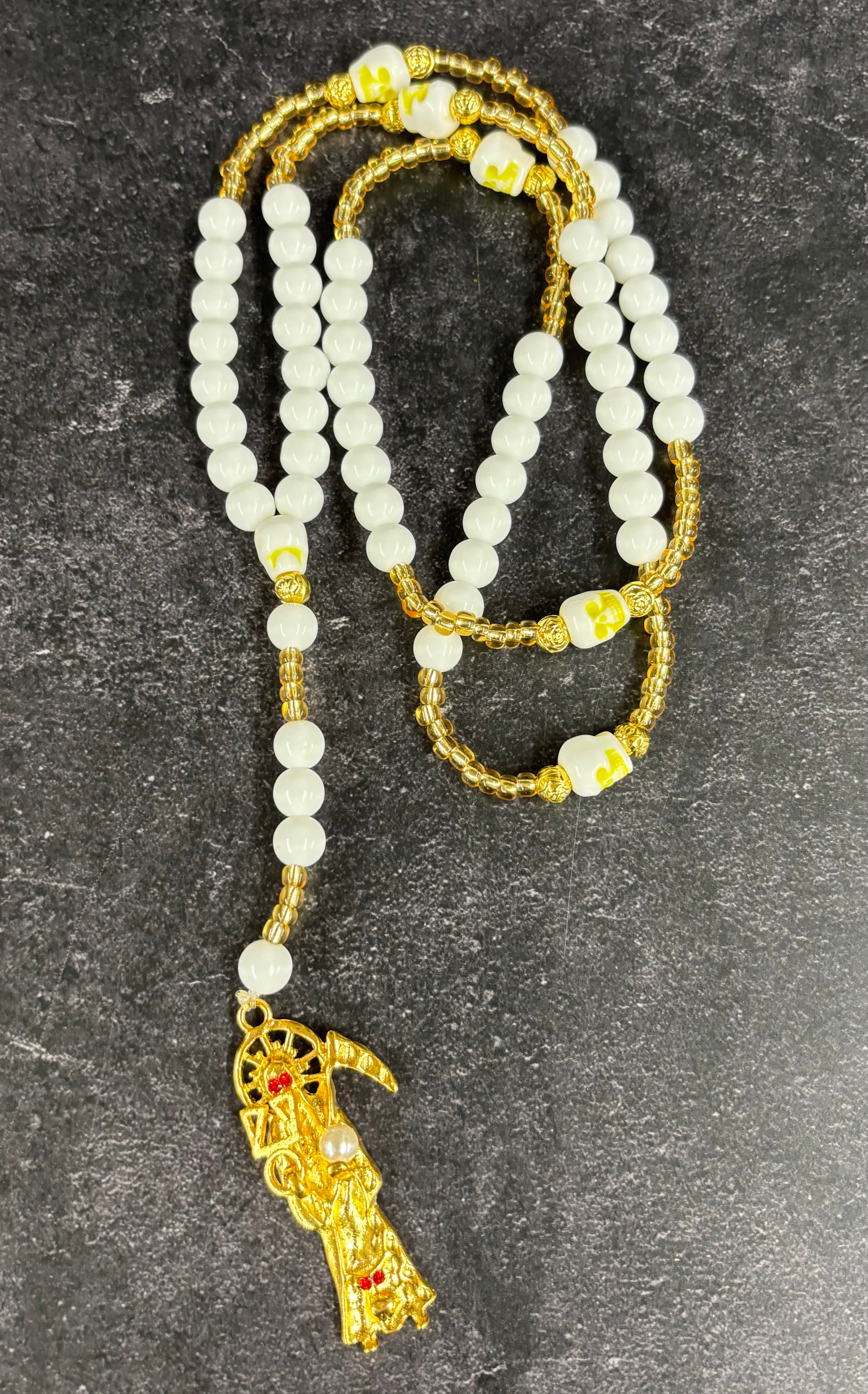 Santa Muerte White & Gold Beaded Rosary