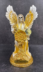 Santa Muerte Angel Statue – Blue & Gold Prosperity Figure with Wings & Coins