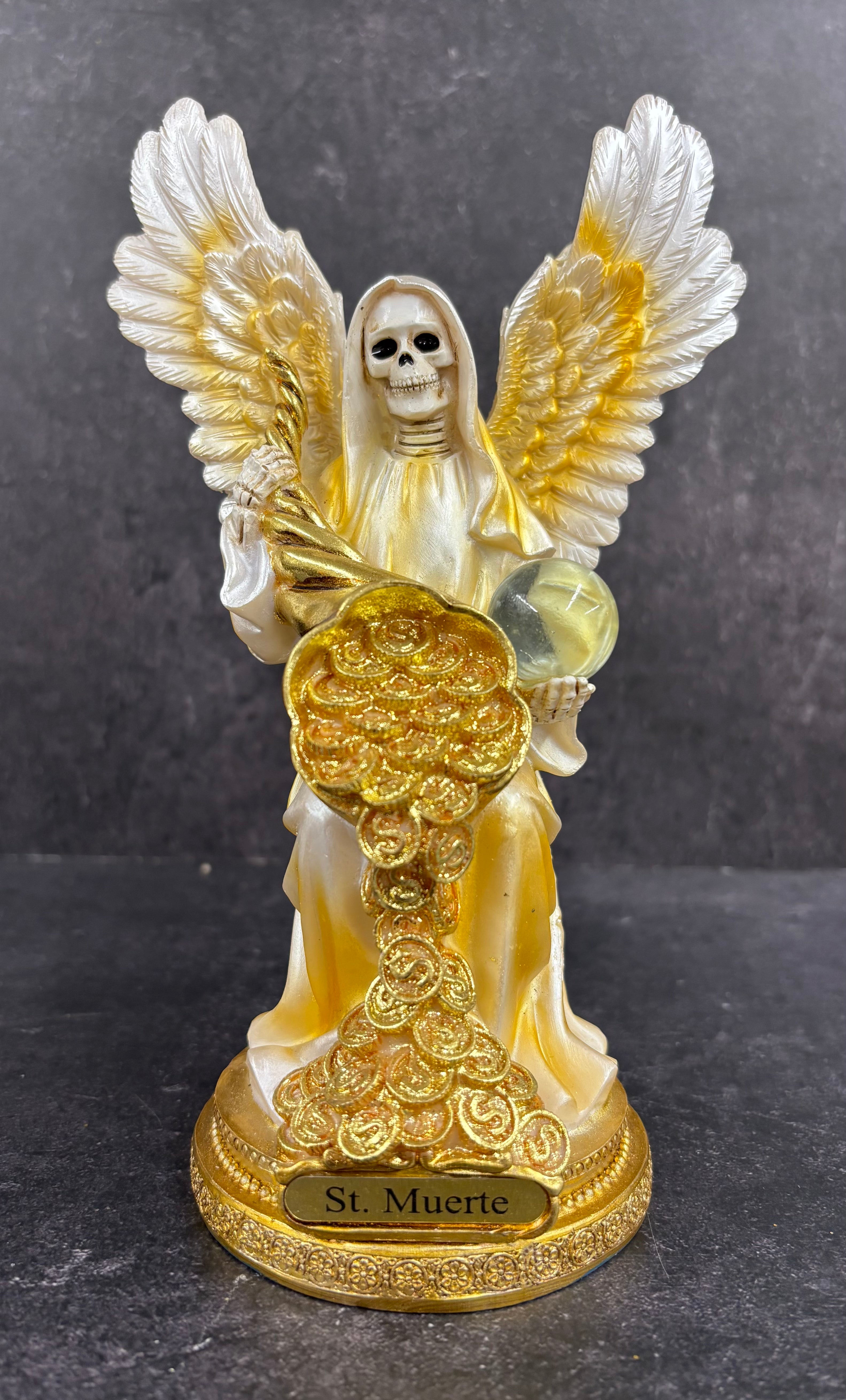 Santa Muerte Angel Statue – Blue & Gold Prosperity Figure with Wings & Coins