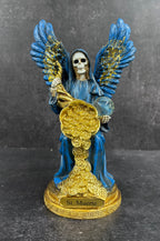 Santa Muerte Angel Statue – Blue & Gold Prosperity Figure with Wings & Coins