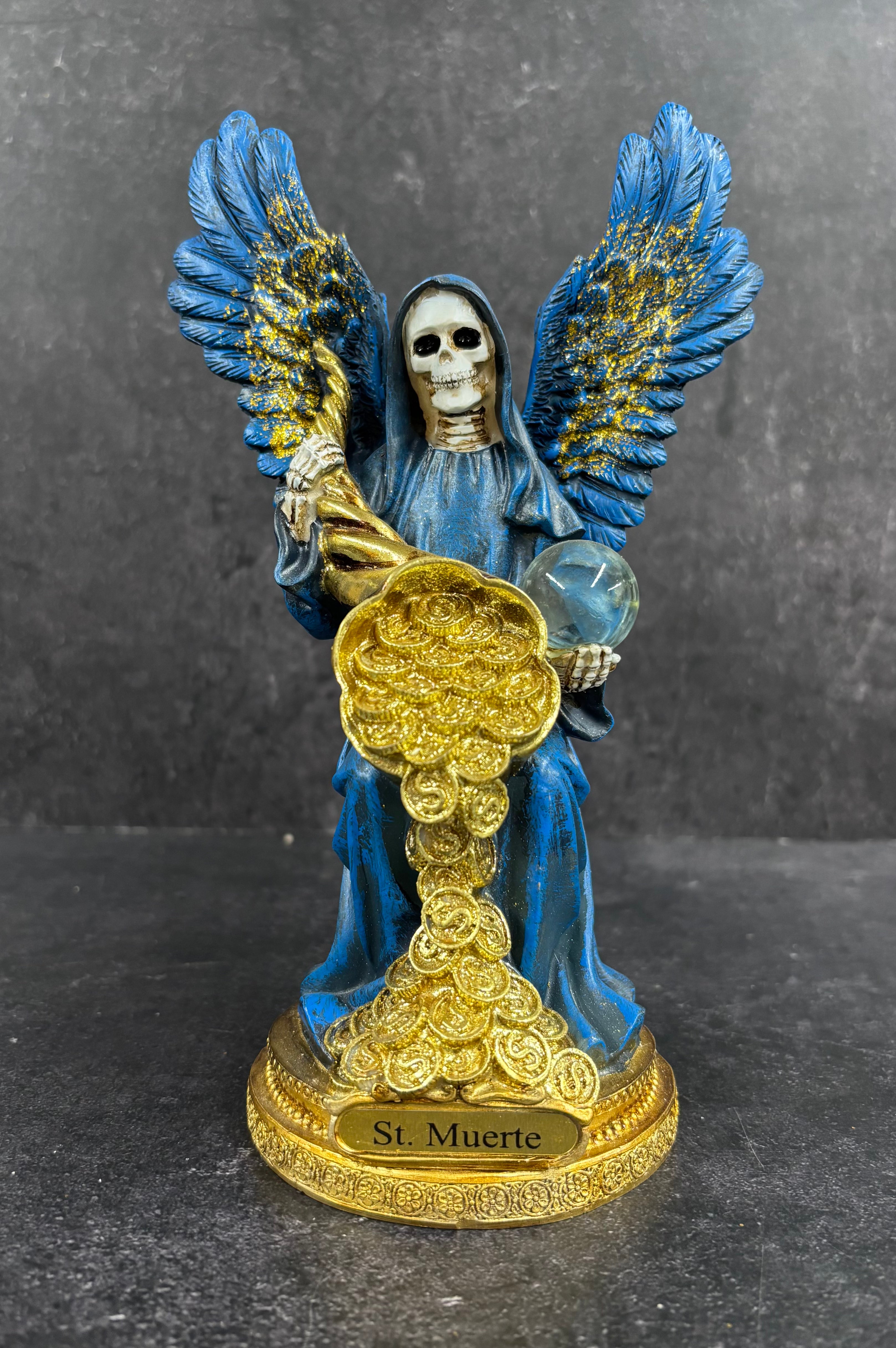 Santa Muerte Angel Statue – Blue & Gold Prosperity Figure with Wings & Coins