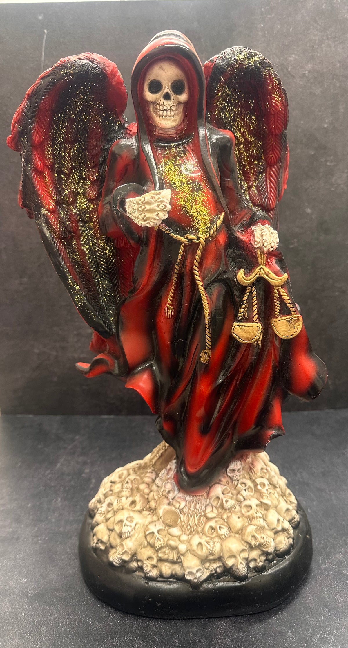 16" Santa Muerte Red & Black Wings and Robe with Skull Base