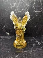 Santa Muerte Angel Statue – Blue & Gold Prosperity Figure with Wings & Coins