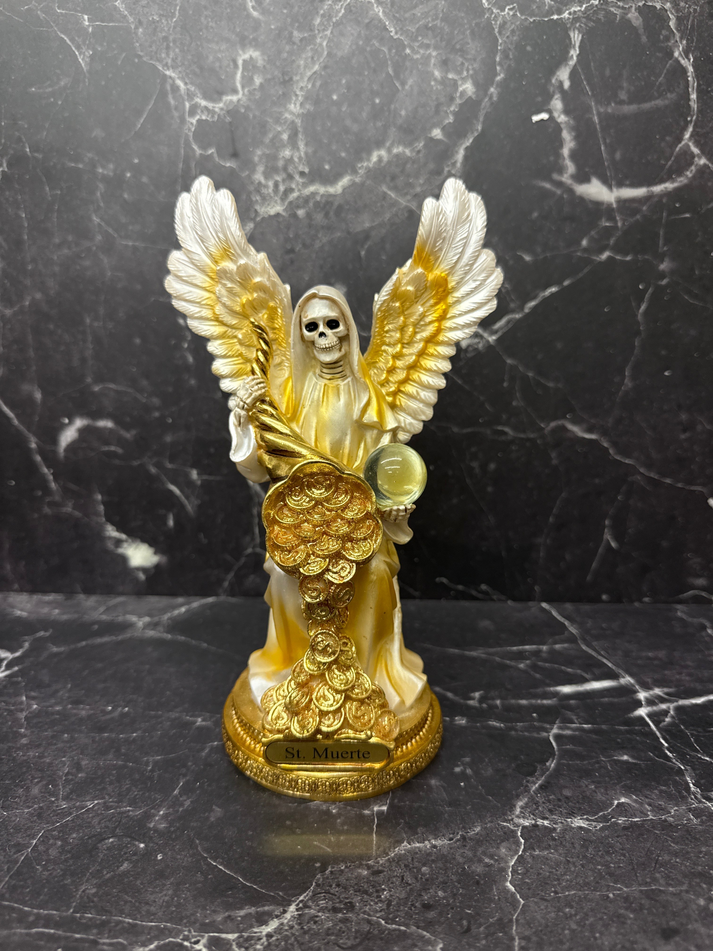 Santa Muerte Angel Statue – Blue & Gold Prosperity Figure with Wings & Coins