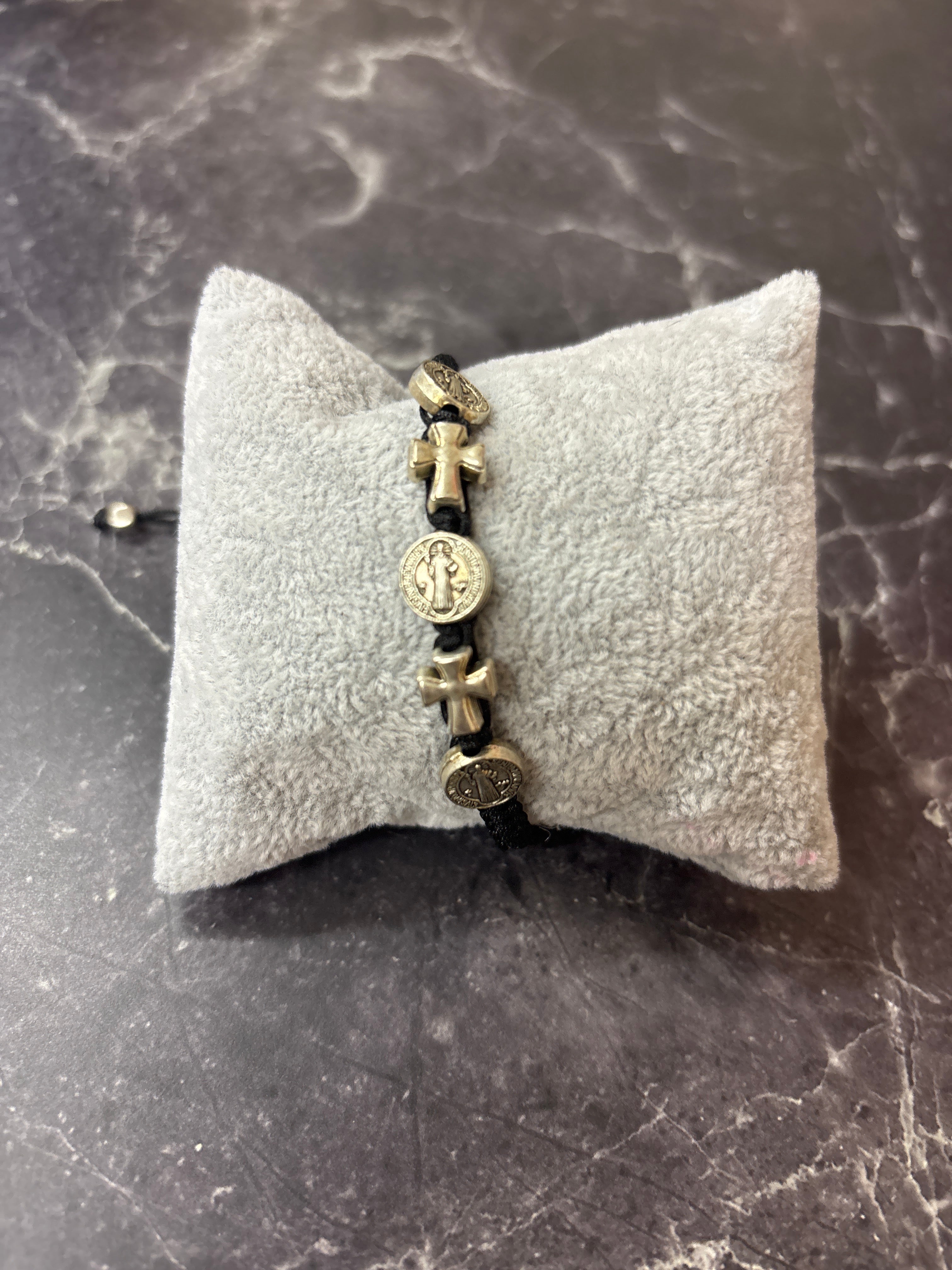 Antique Gold Saint Benedict & Cross Bracelet – Black Cord Adjustable