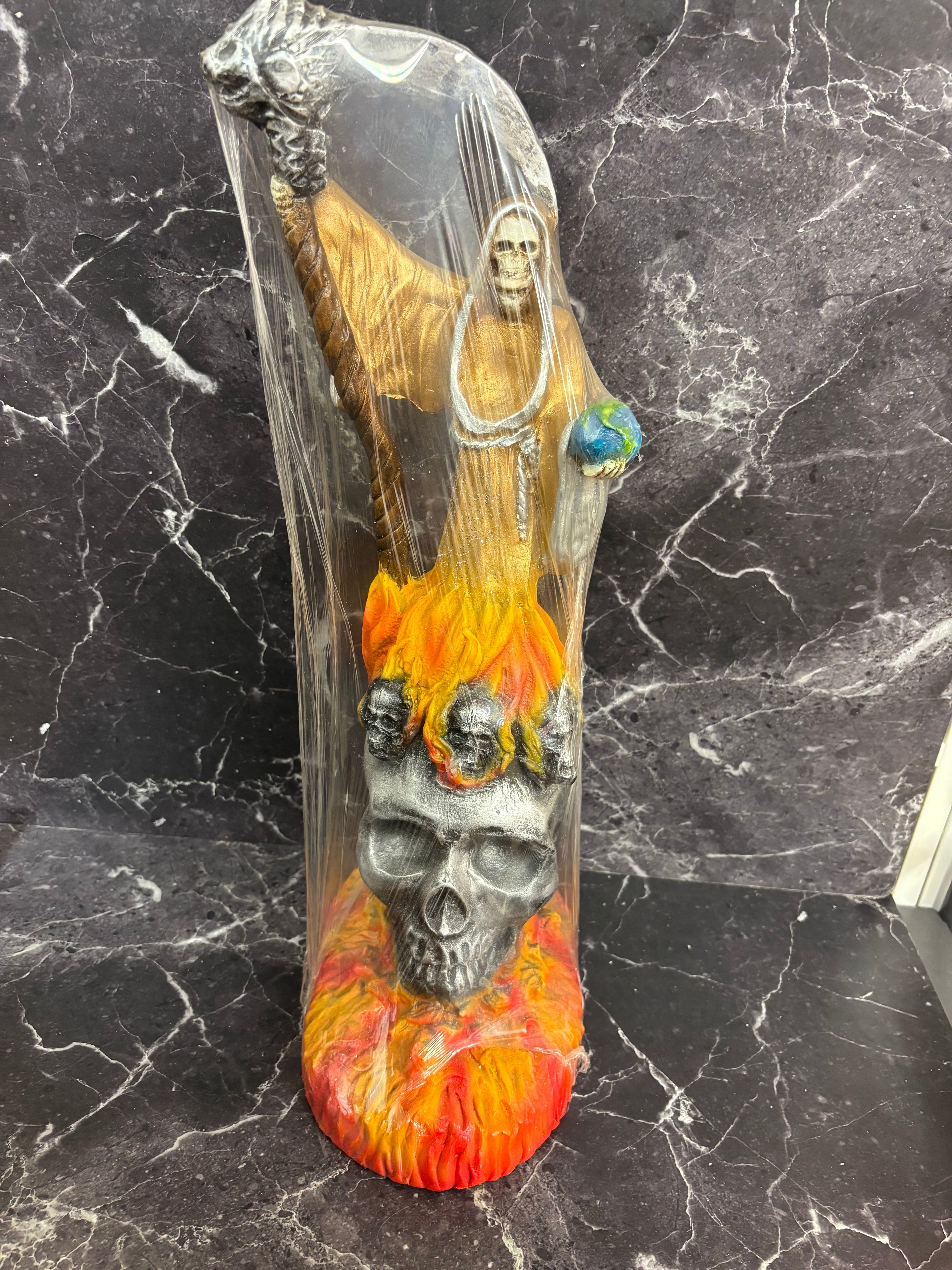 16.5” prepared Golden Santa Muerte with Flaming Skull Base – Scythe & Earth Figurine