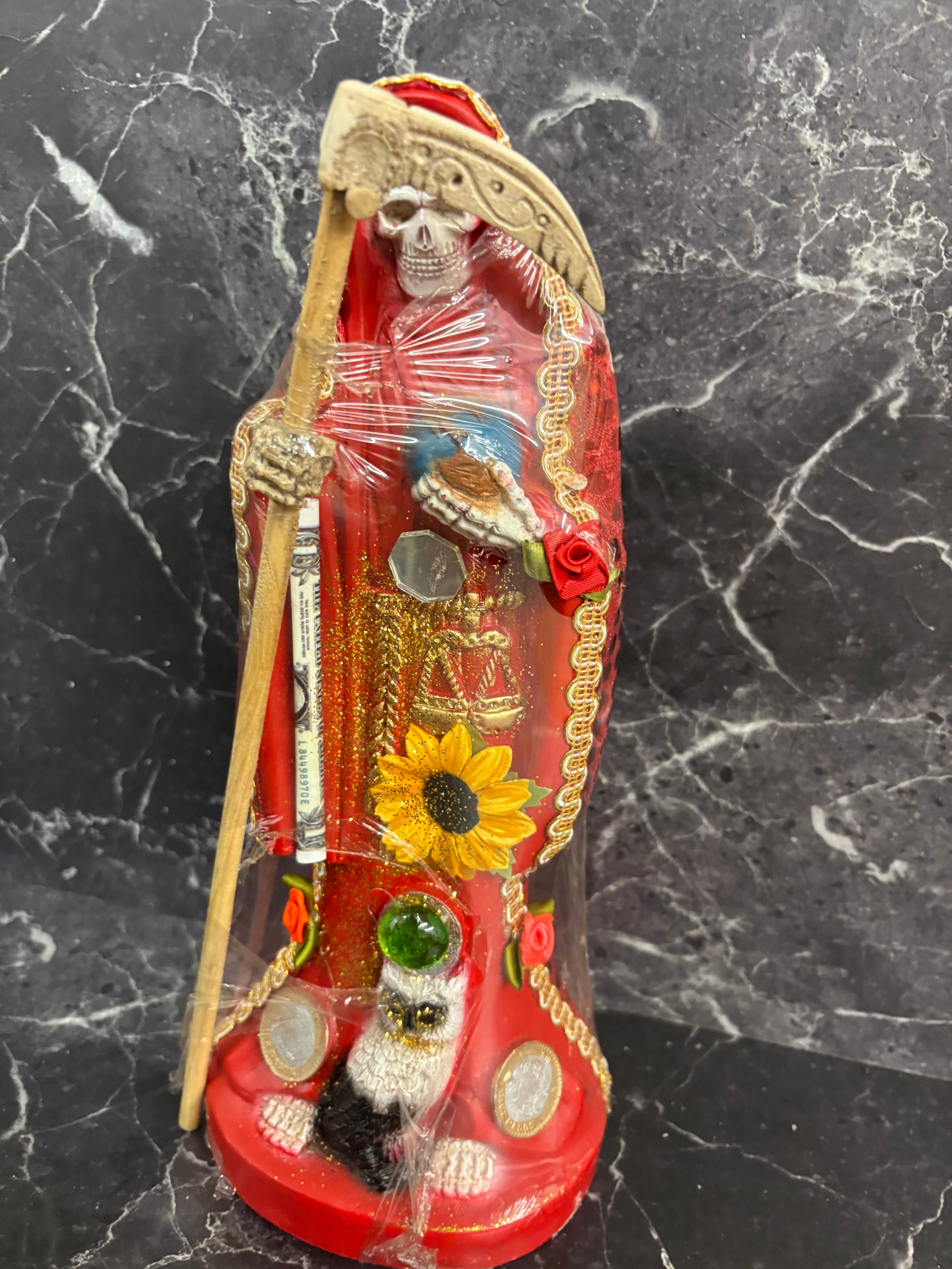 12.5” Santa Muerte Statues with Coins, Flowers & Scythe — 3 Variants