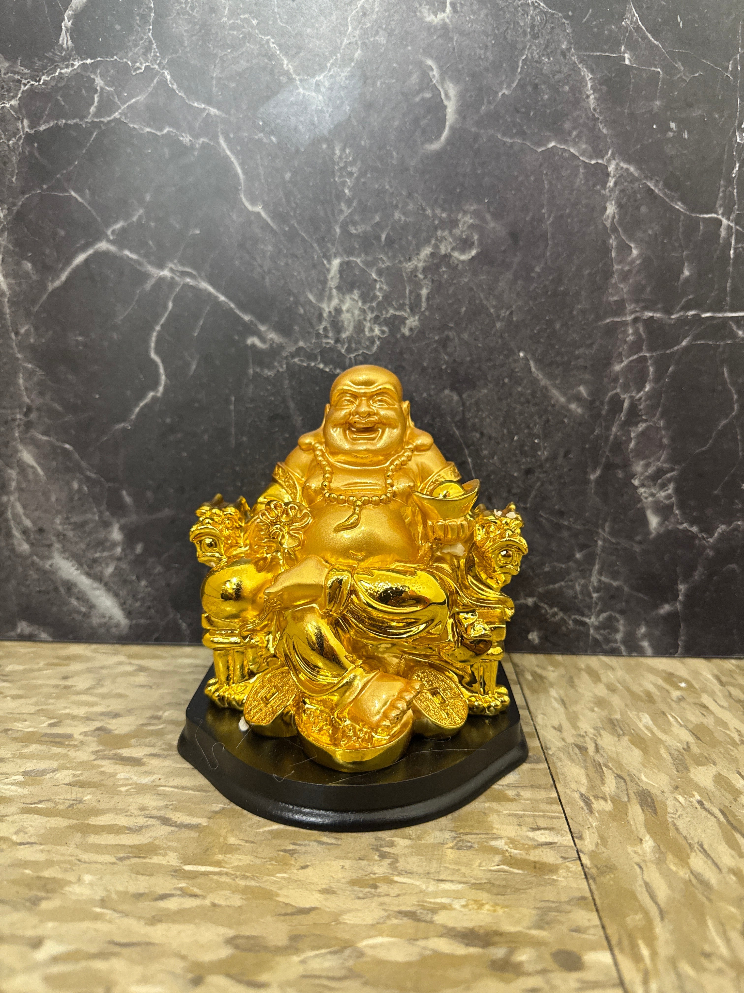 Feng Shui Laughing Buddha Figurines – Large Gold, Large Green & Gold, and Small Gold
