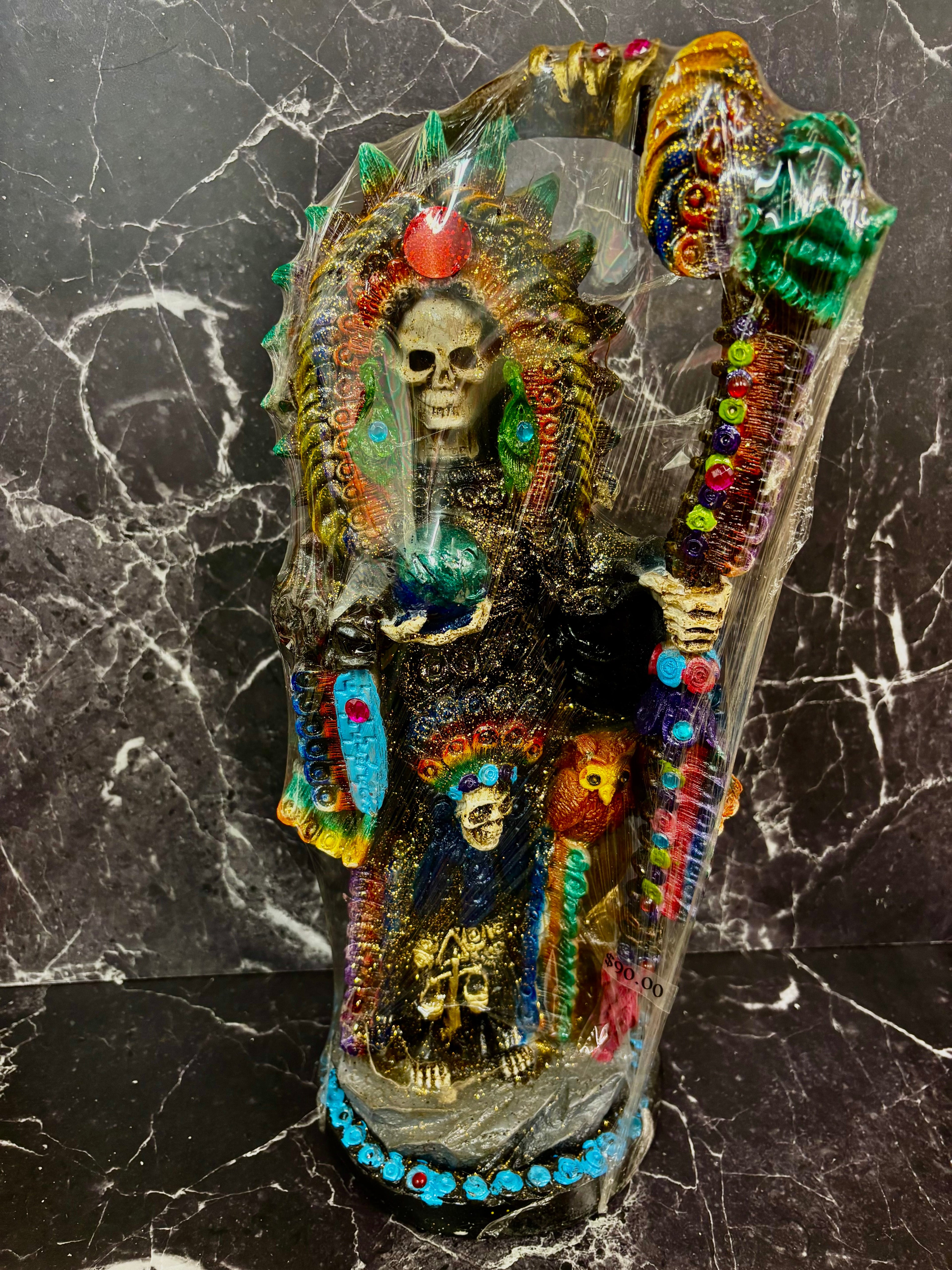 16” prepared Santa Muerte Azteca Statue – Multi-Colored Headdress & Sacred Staff