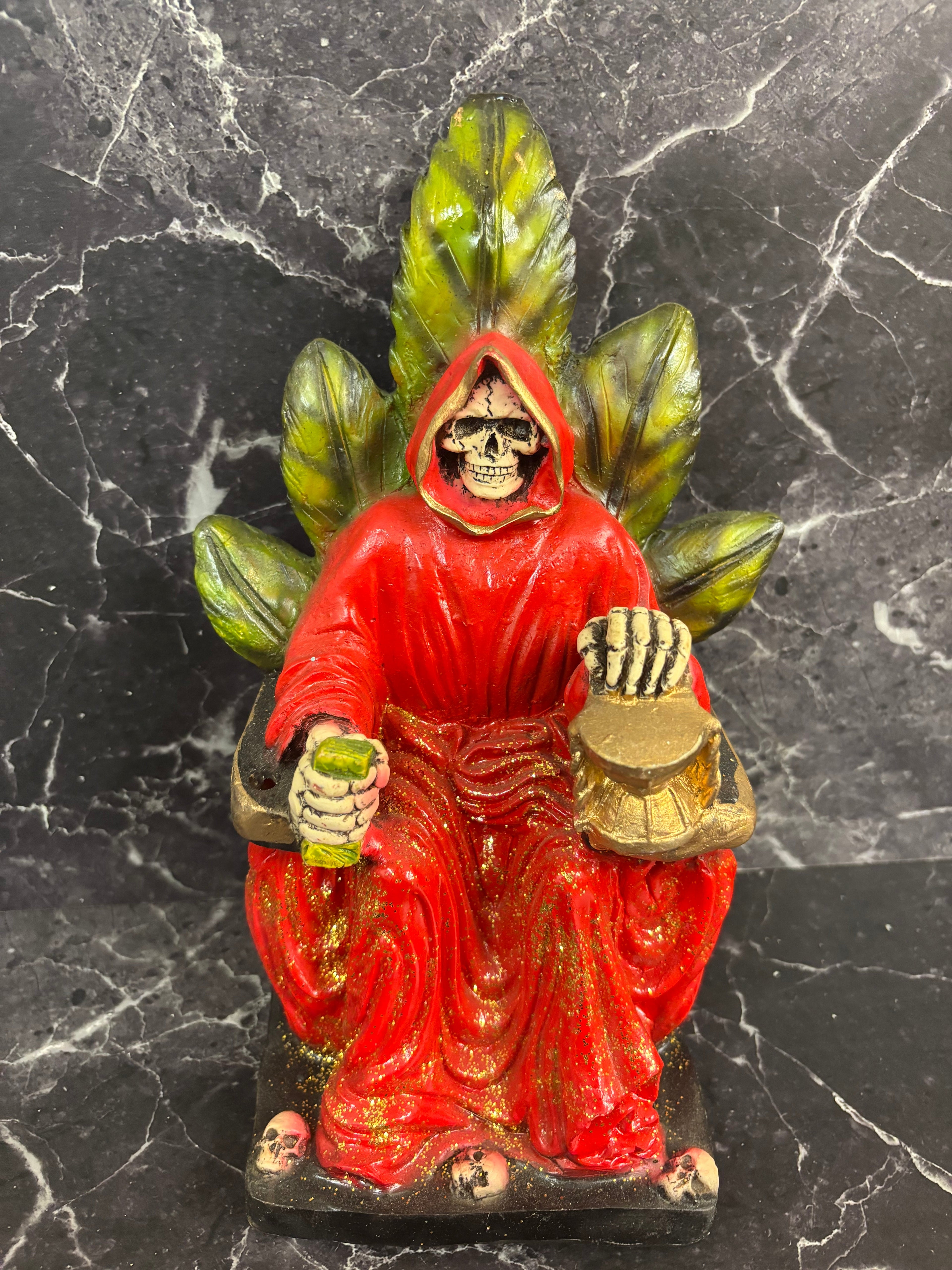 10” prepared Santa Muerte Throne Statue – Golden & Red Variants