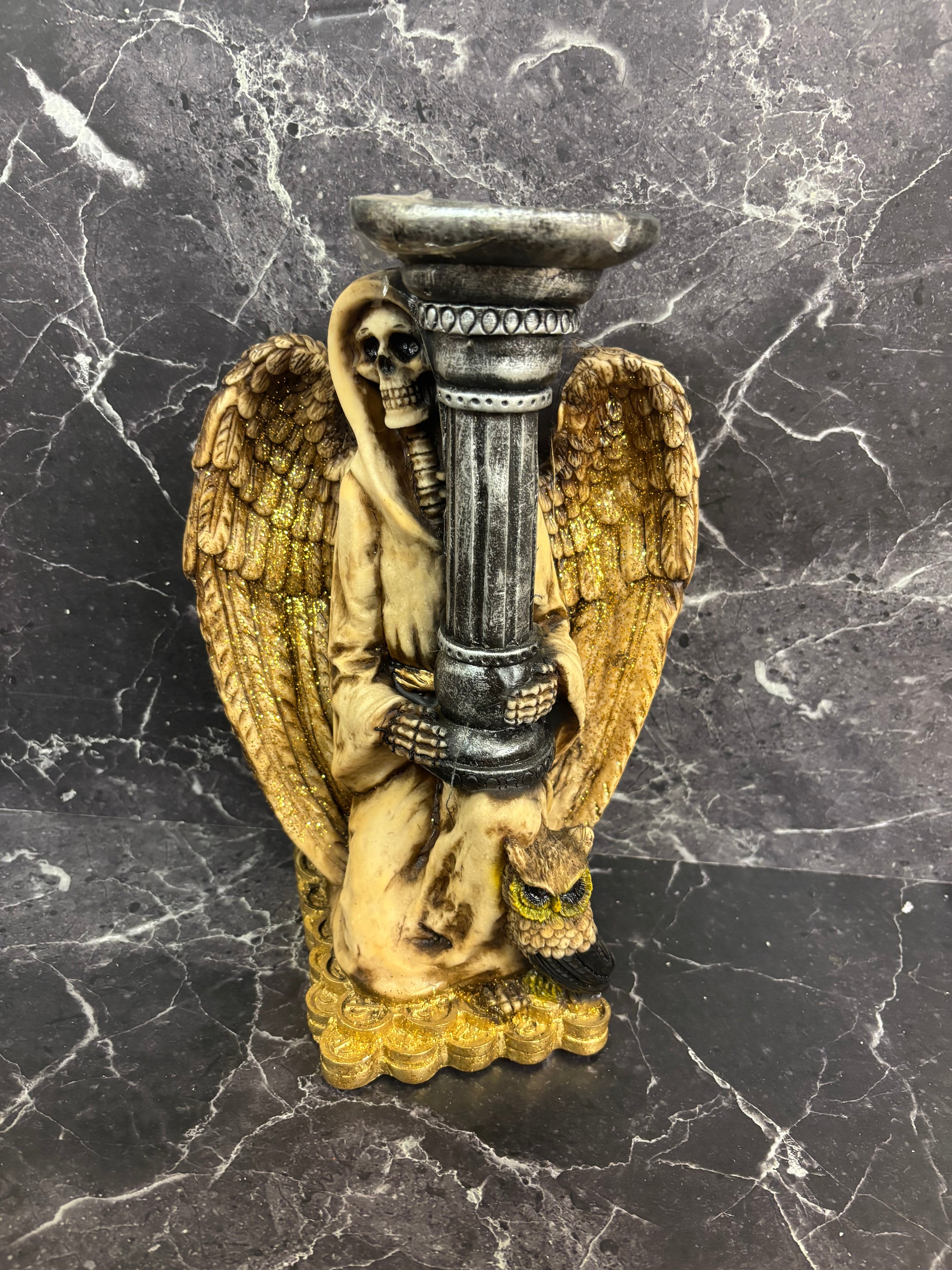 10.5” Prepared Santa Muerte Angel of Guidance Candle Holder – BoneWings & Owl of Wisdom