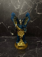 8” Santa Muerte Angel Statue – Blue & Gold Prosperity Figure with Wings & Coins