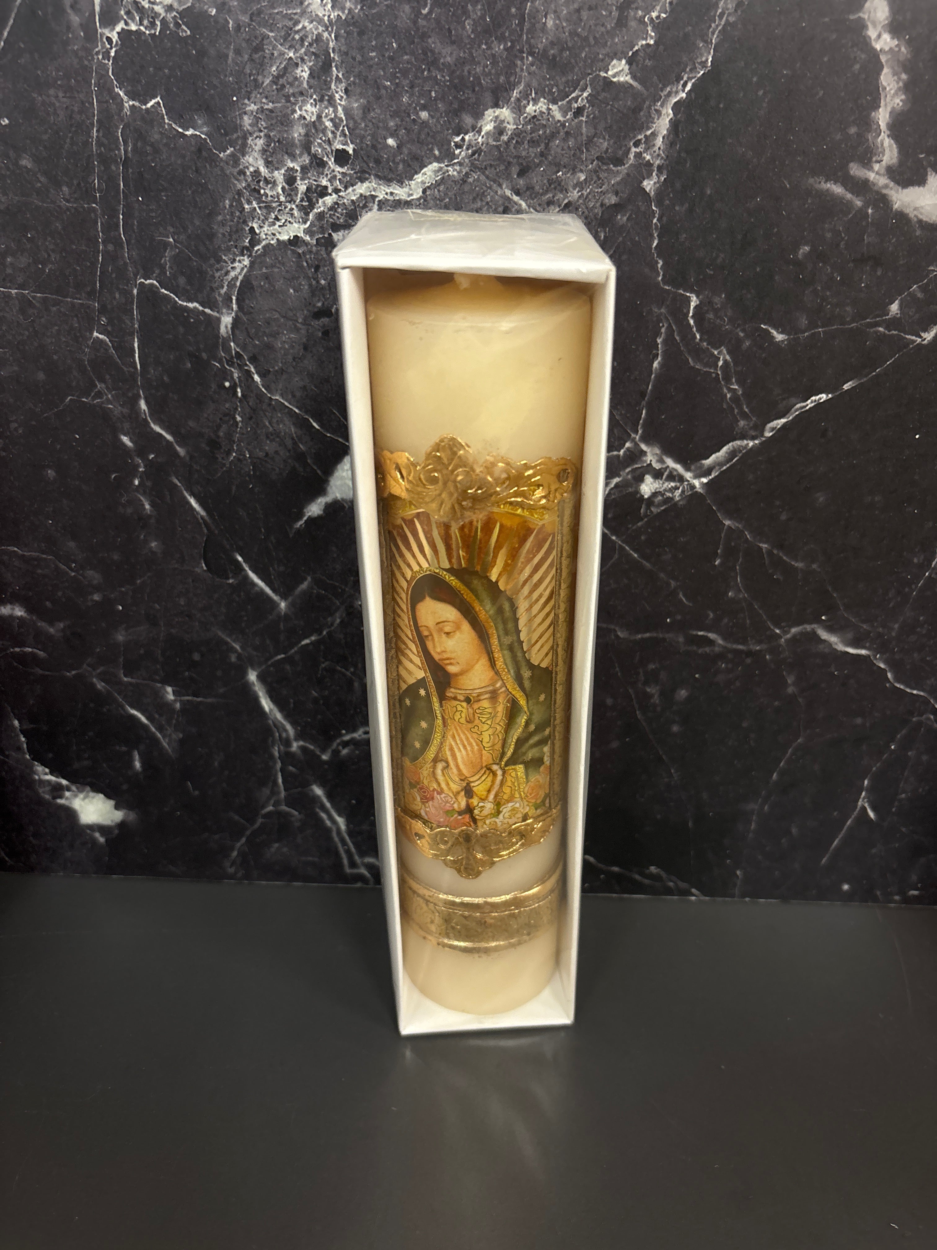 Devotional Pillar Candles – Virgin of Guadalupe & Sacred Cross