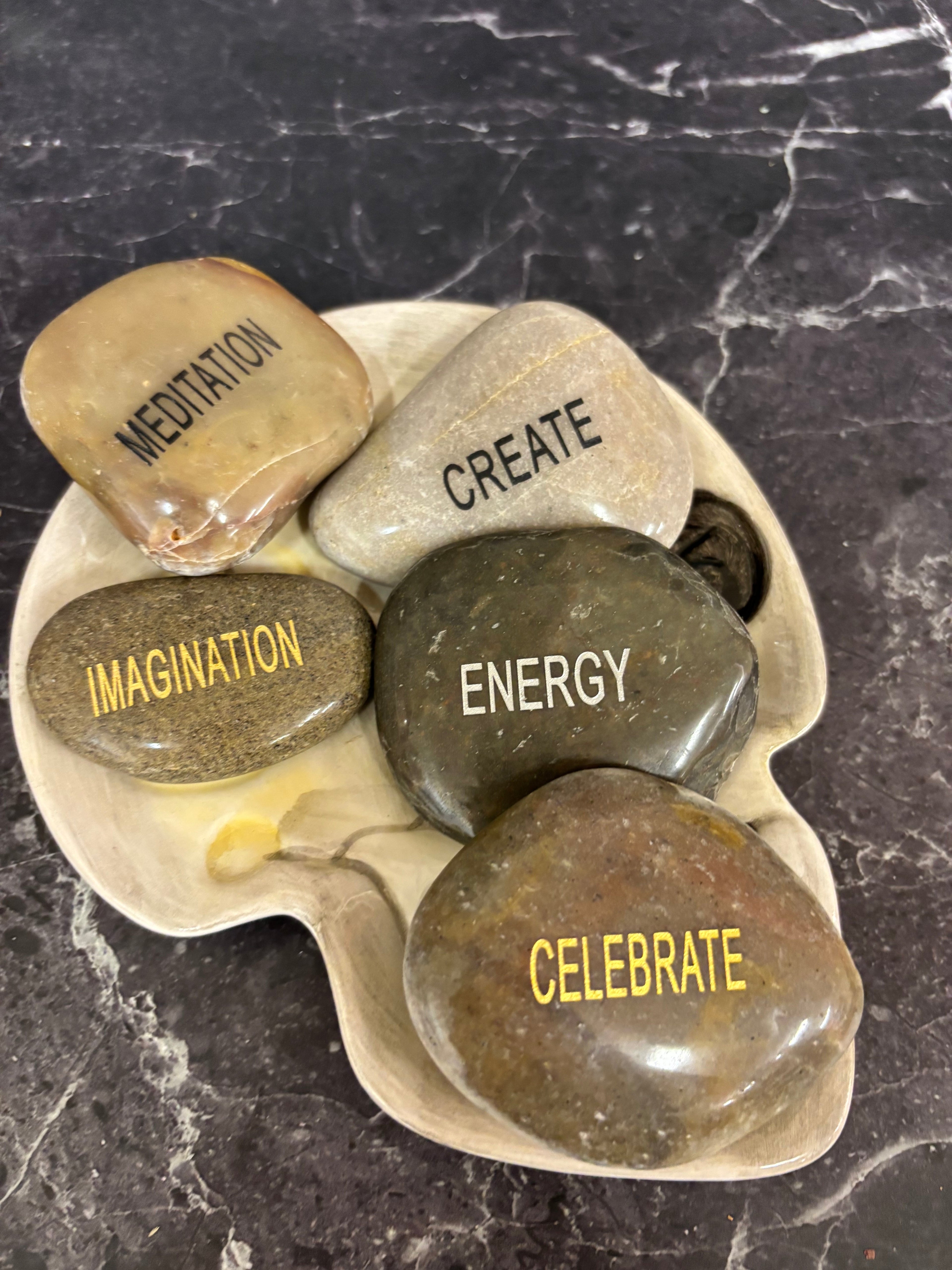 Engraved Intention Stones – Meditation, Create, Imagination, Energy, Celebrate (Sold Individually)