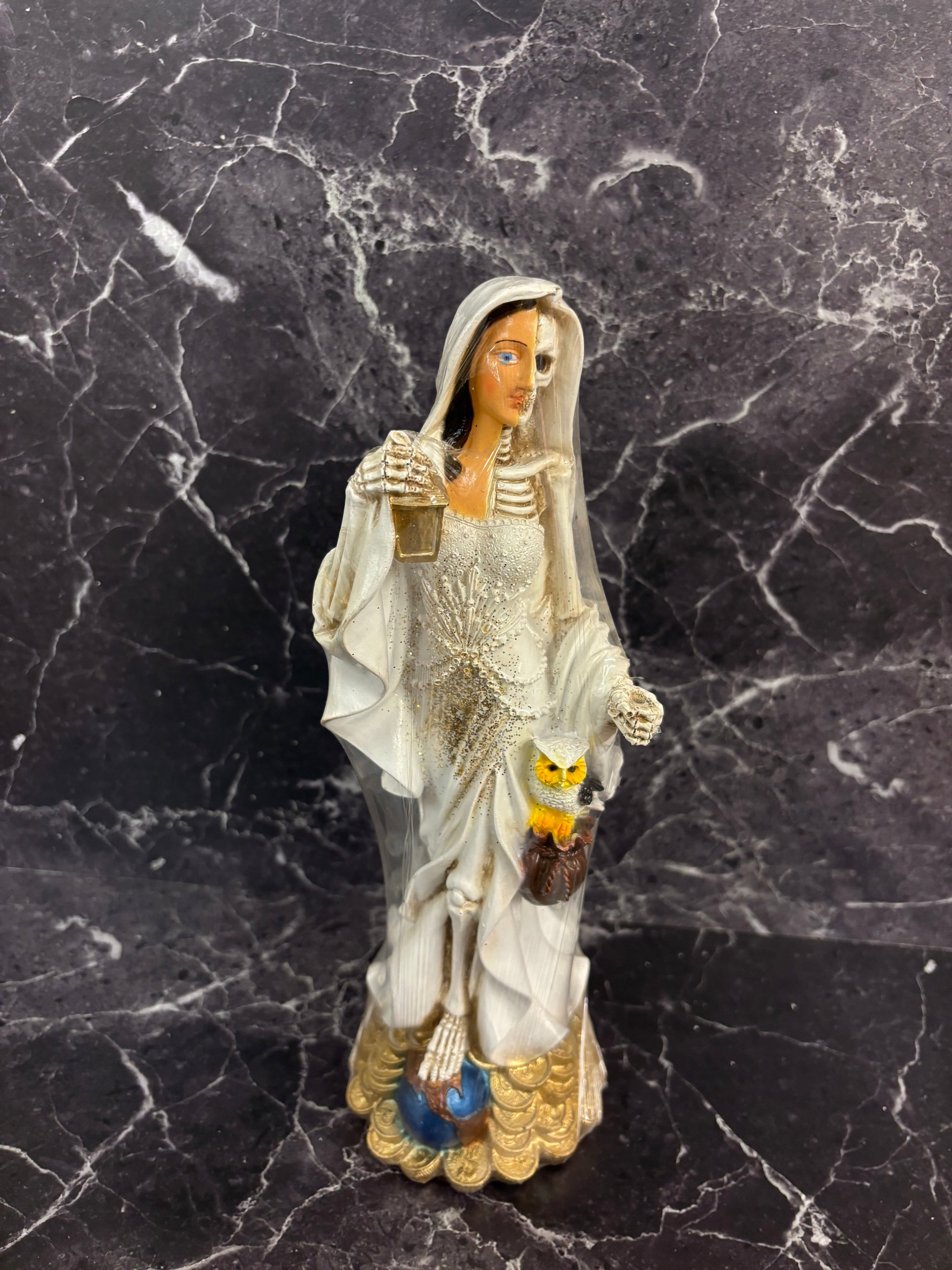 Half-Skull Santa Muerte Statues – Black & White Variants