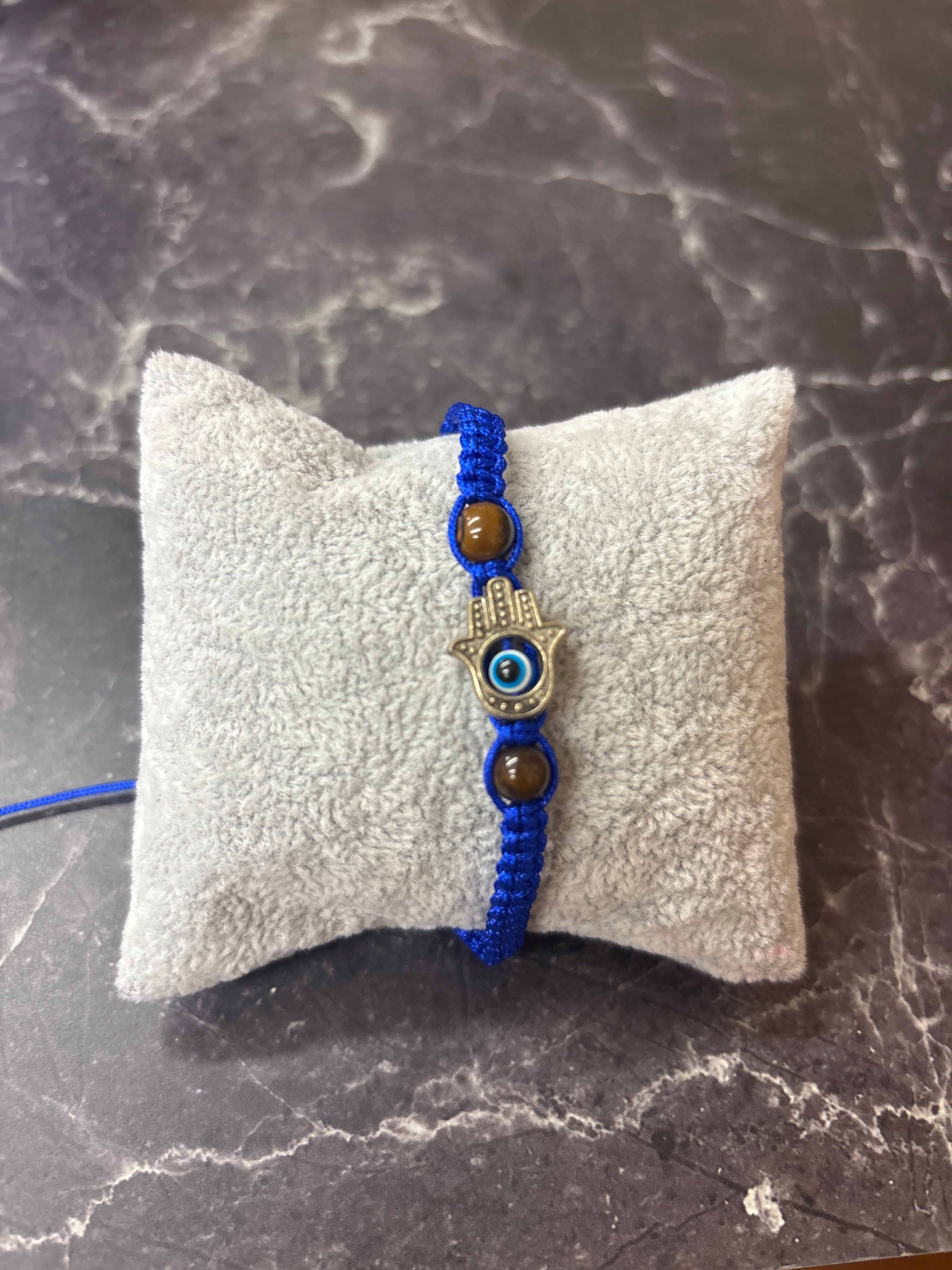 Blue Cord Hamsa Hand Bracelet with Evil Eye & Tiger Eye Beads – Protection & Strength