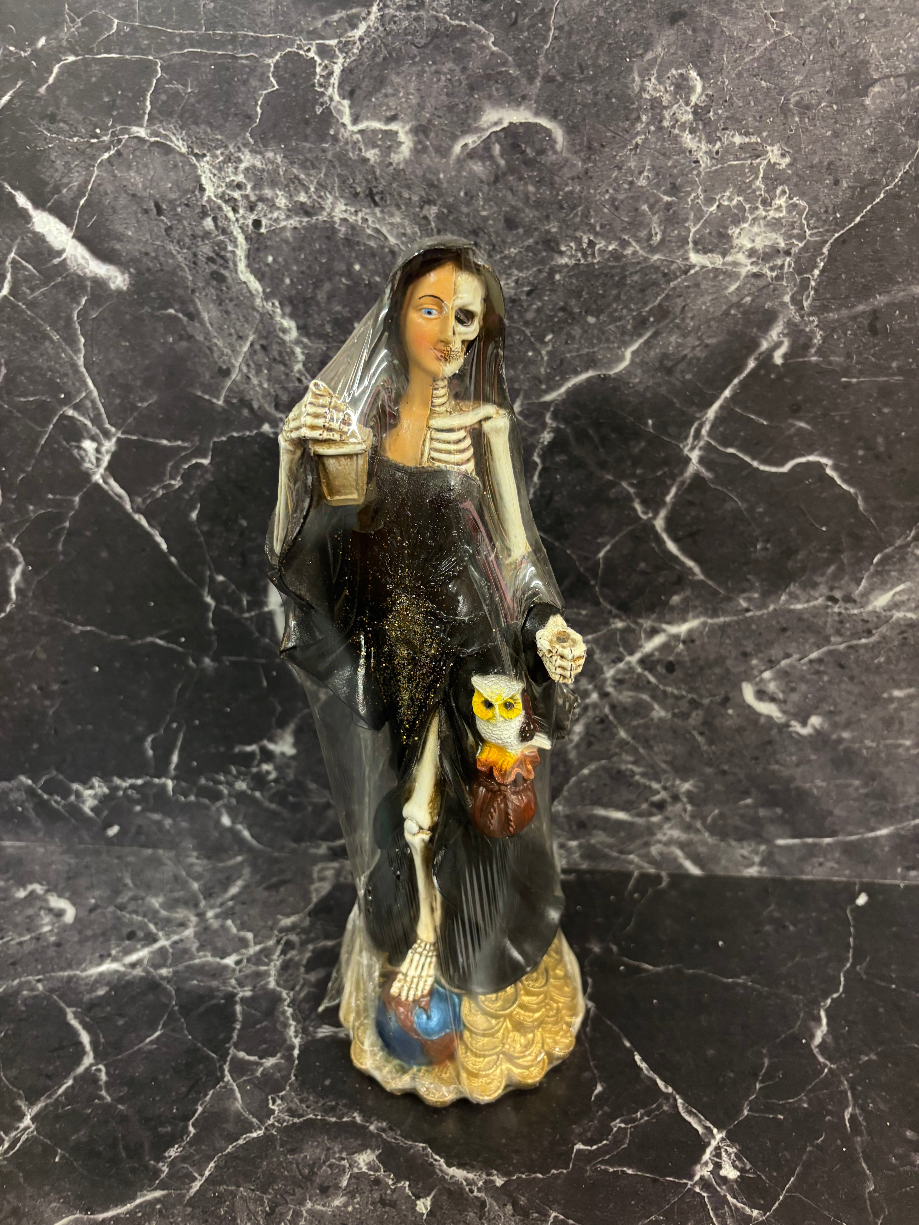 Half-Skull Santa Muerte Statues – Black & White Variants