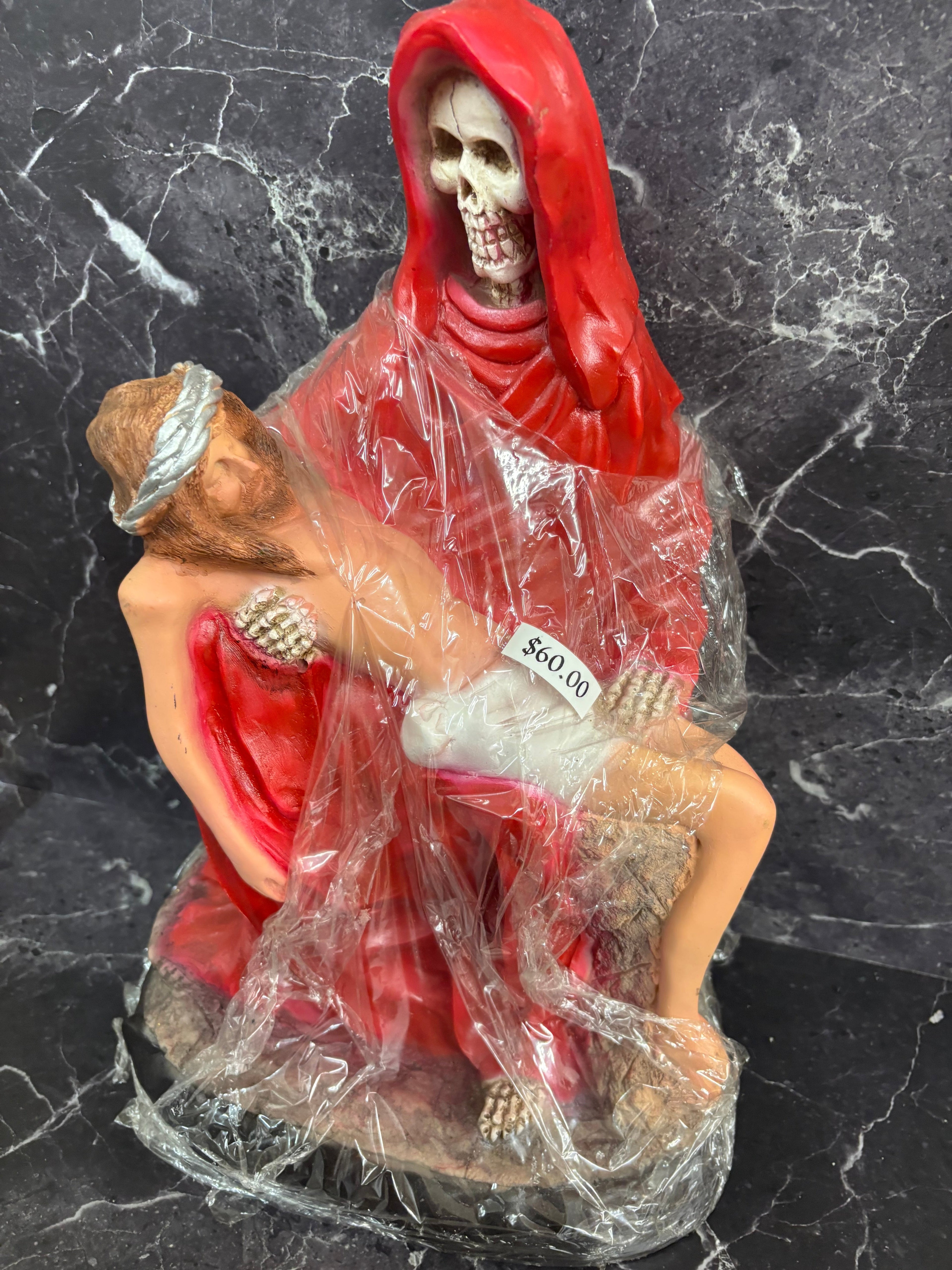 14.5” prepared Santa Muerte Pietà Statue – Red Robes with Christ Figure