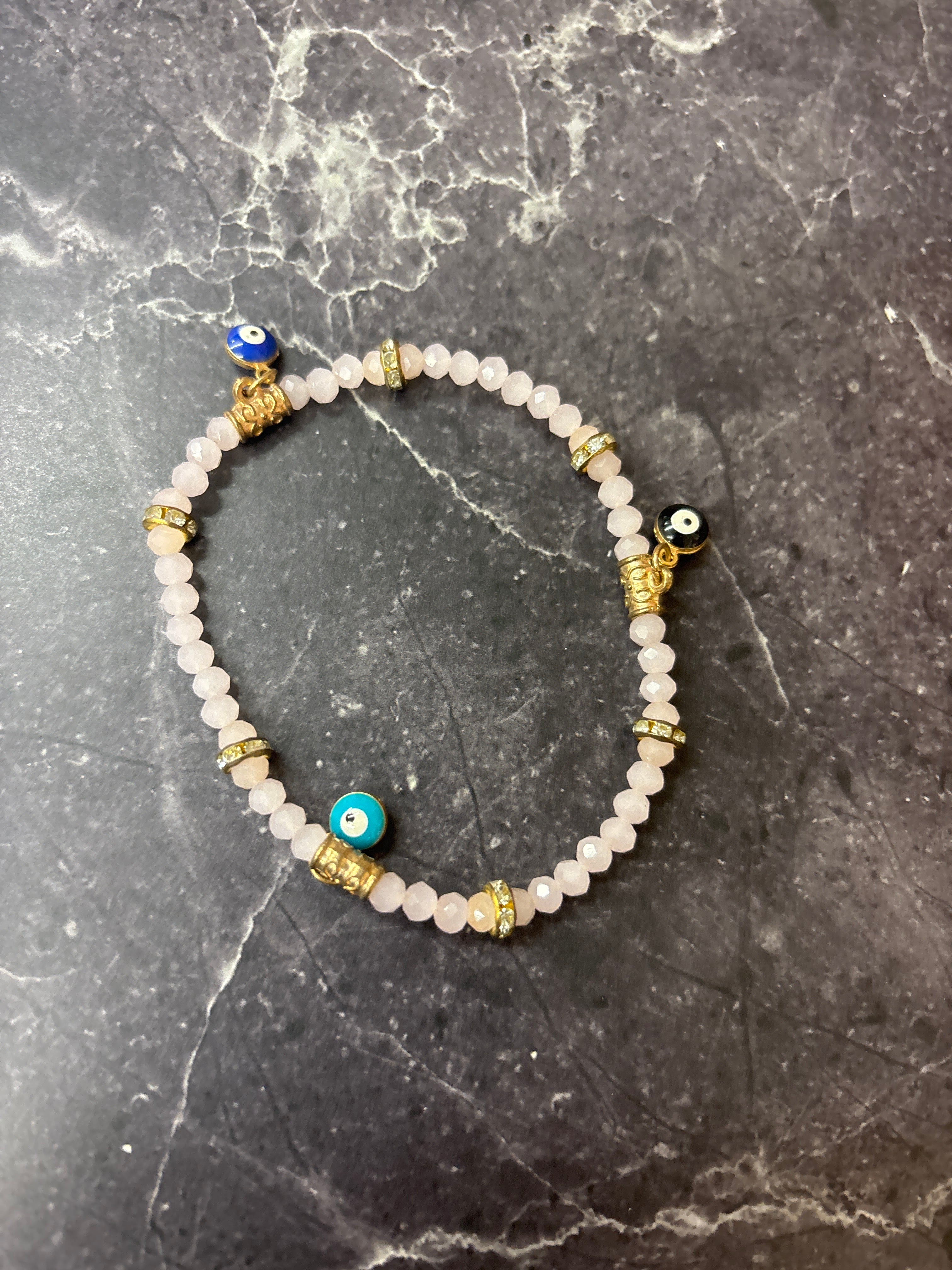 Rose Quartz Evil Eye Bracelet with Gold Accents – Love, Protection & Positive Energy