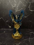 Santa Muerte Angel Statue – Blue & Gold Prosperity Figure with Wings & Coins