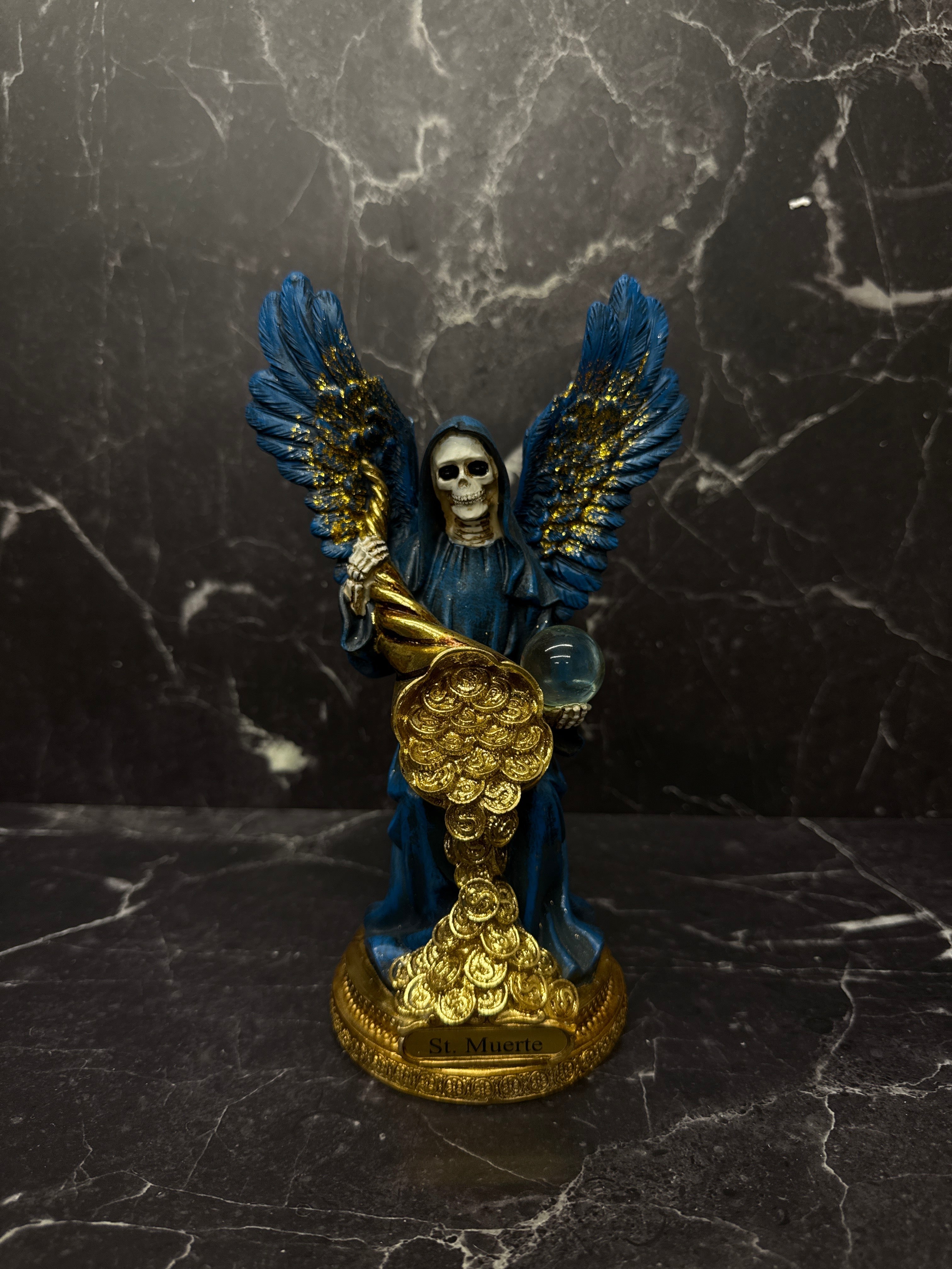 Santa Muerte Angel Statue – Blue & Gold Prosperity Figure with Wings & Coins