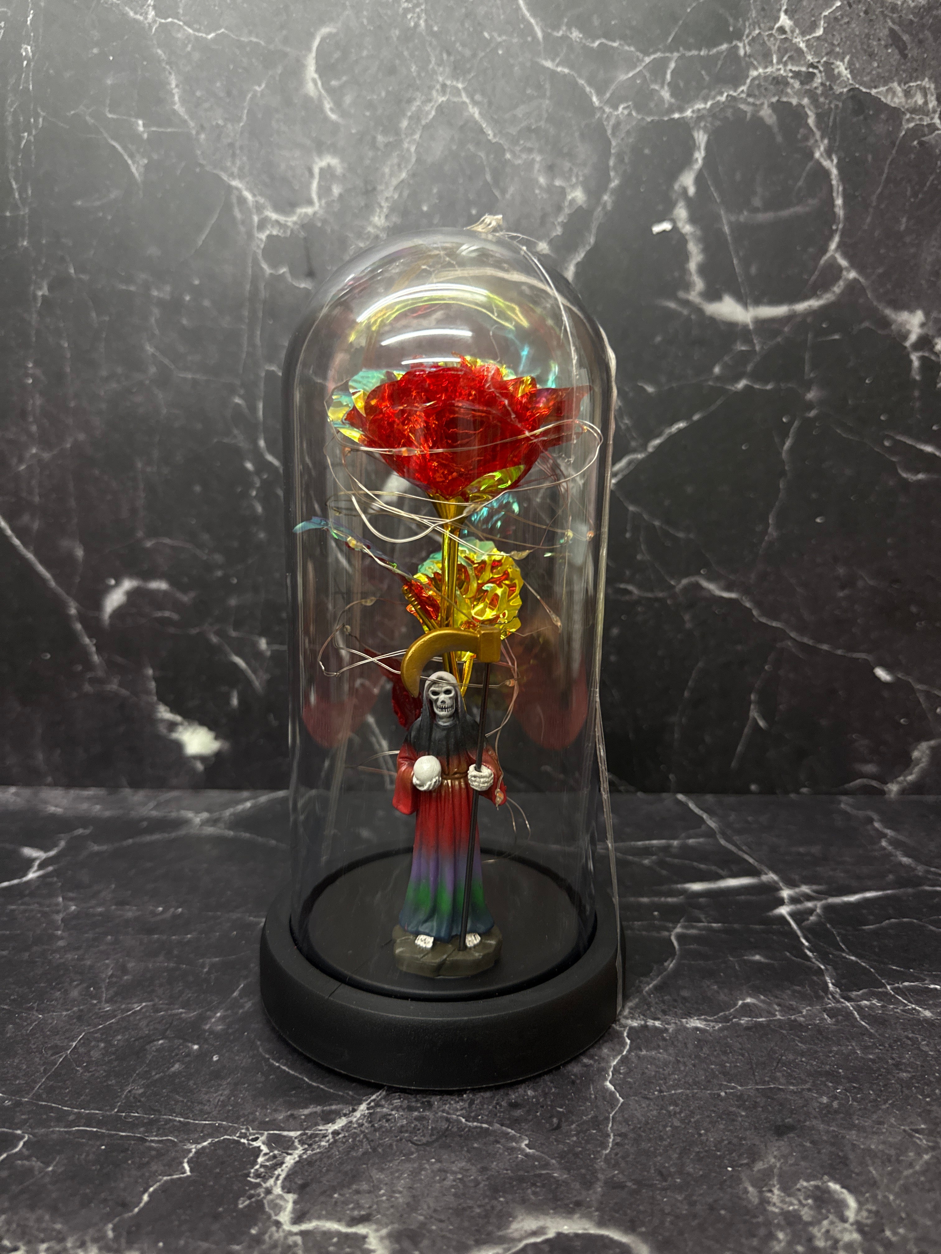 Santa Muerte Statue with LED Rose in Glass Dome – Spiritual Protection & Blessing 10"