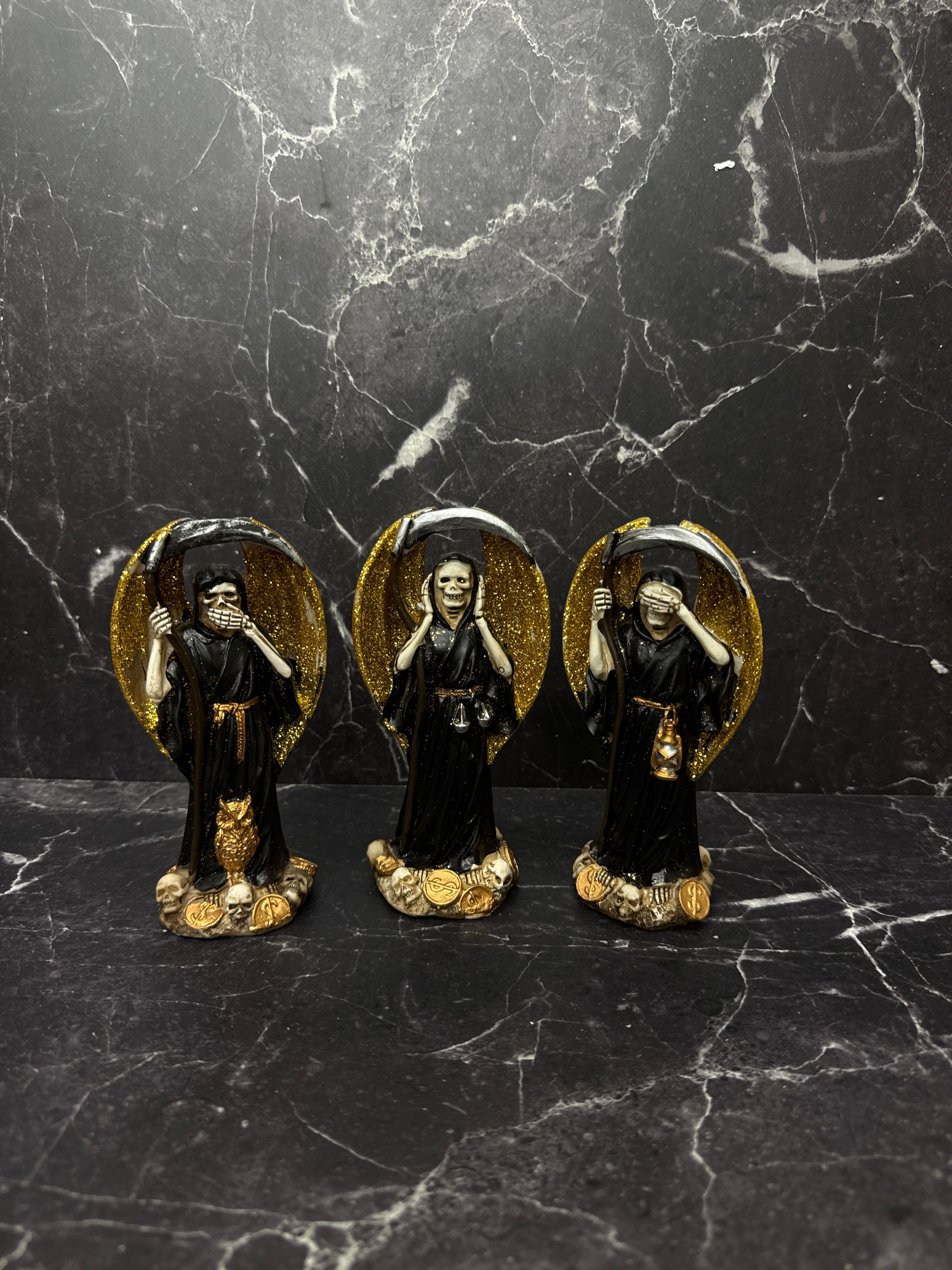 Set of 3 Black Santa Muerte Statues with Golden Halo – Protection, Wisdom & Guidance 5"