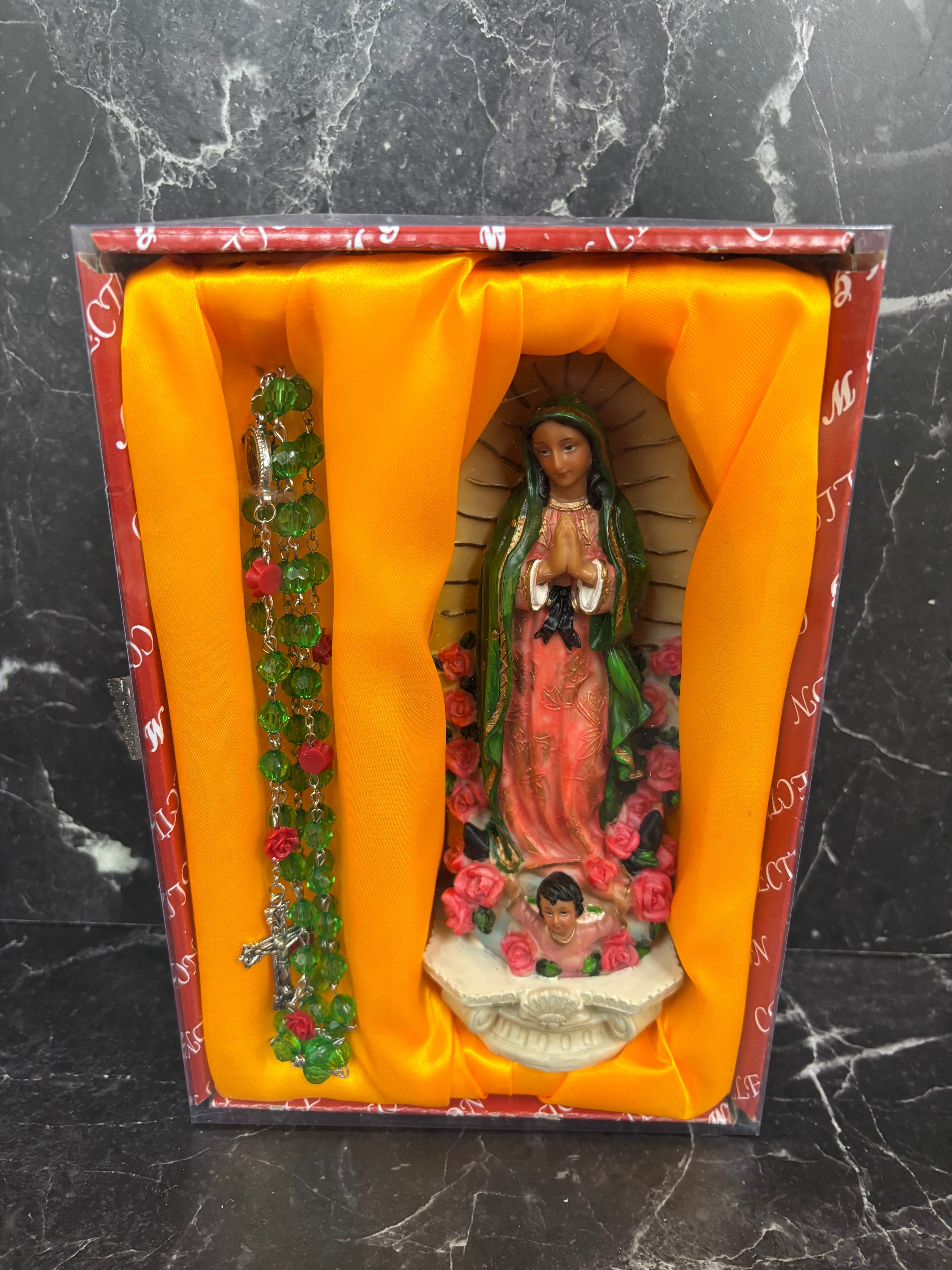 Our Lady of Guadalupe 8" Statue with Rosary Gift Set – Decorative Religious Box