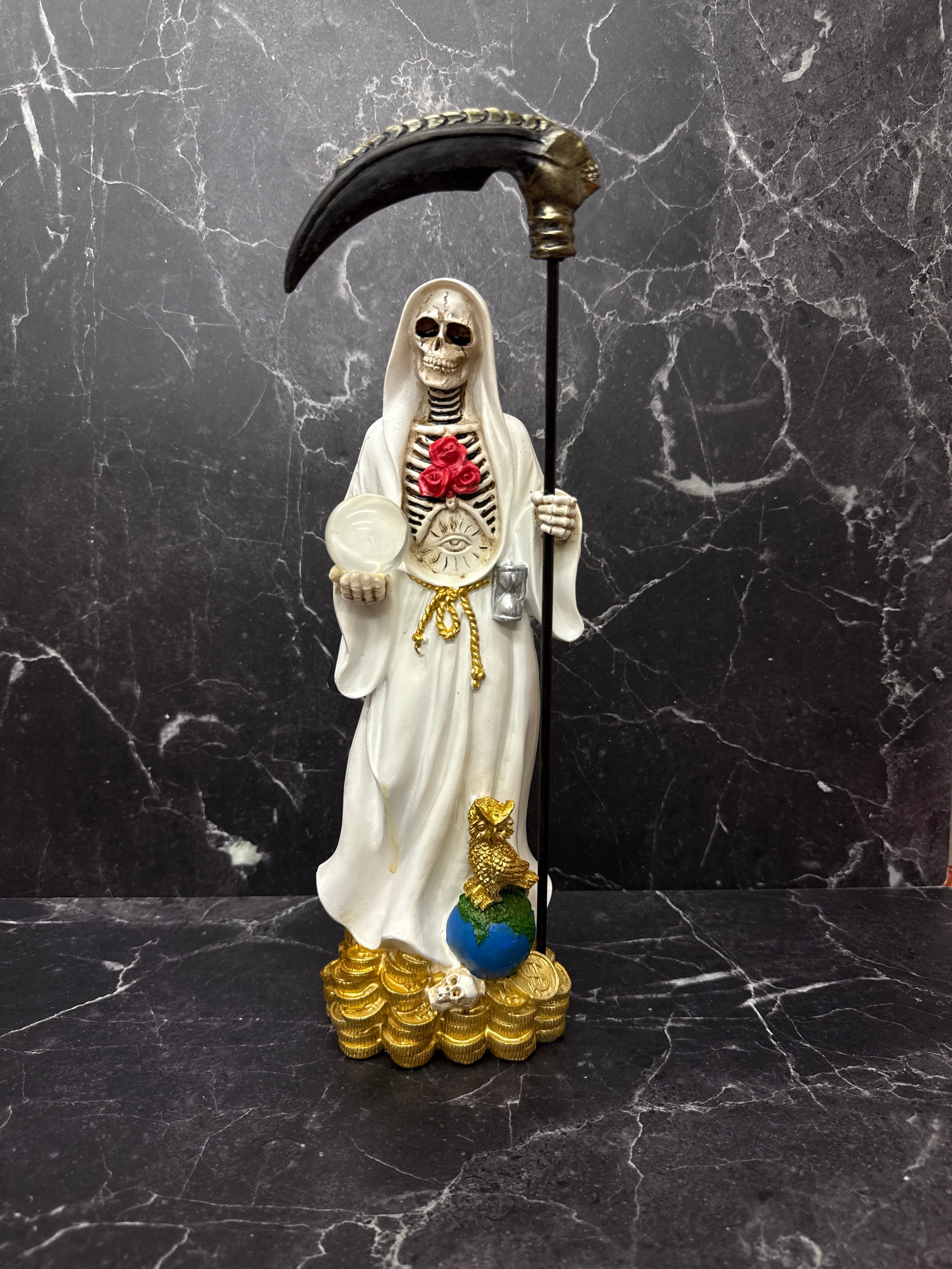 Santa Muerte with Scythe and Crystal Ball – Red, Black & White Robe Variants