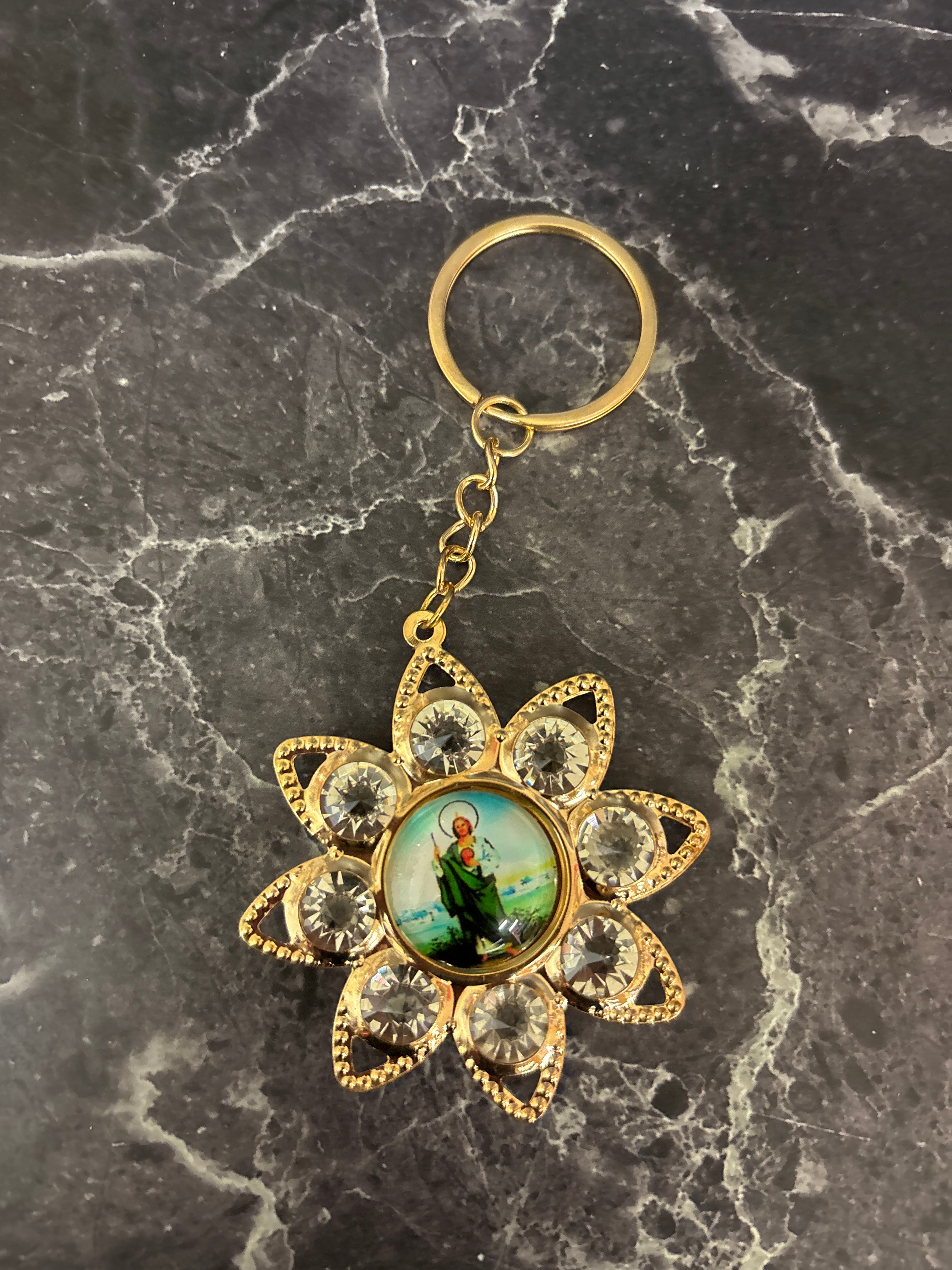 San Judas Tadeo Gold Flower Keychain