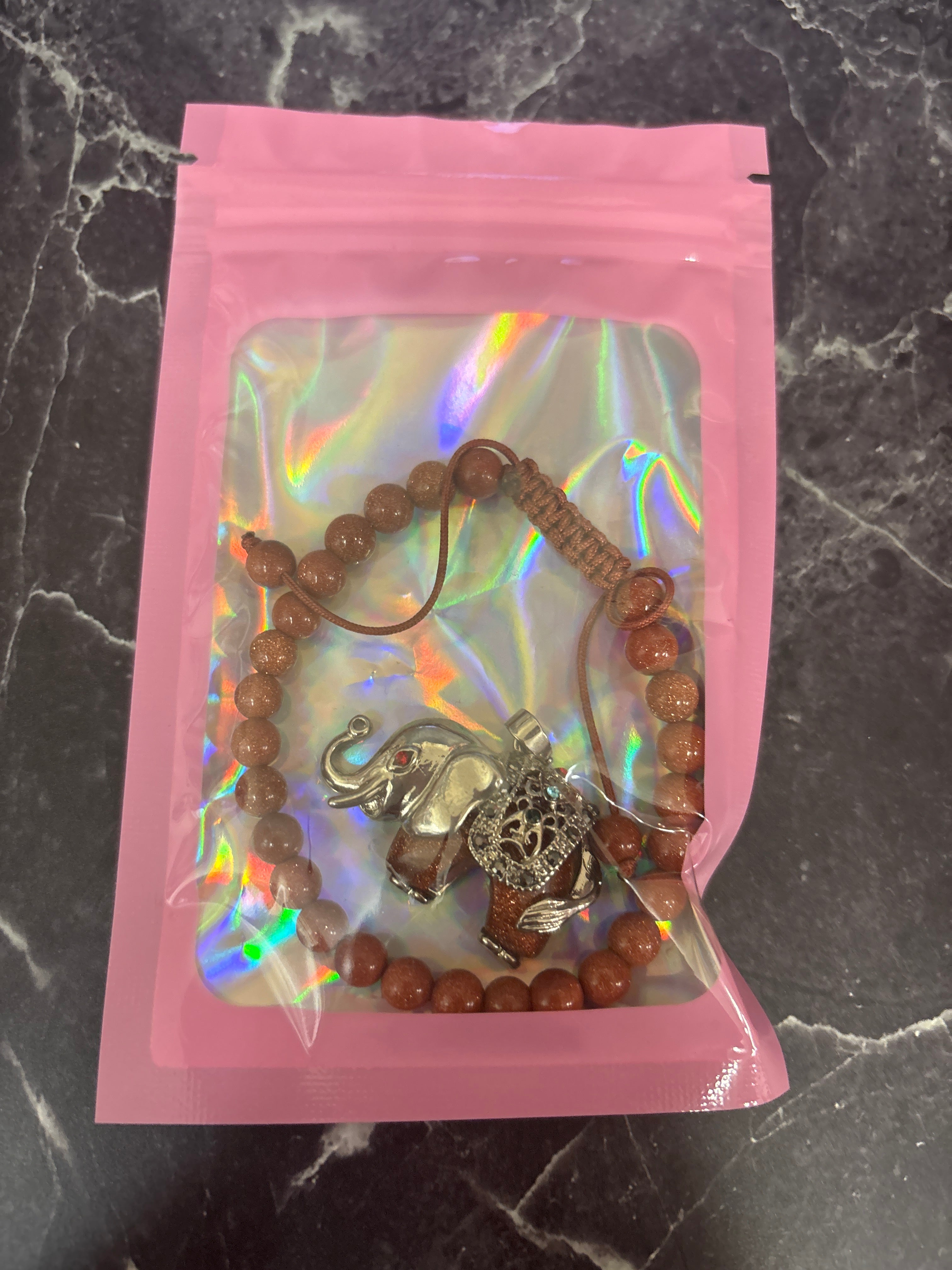 Goldstone Elephant Bracelet and Pendant Set