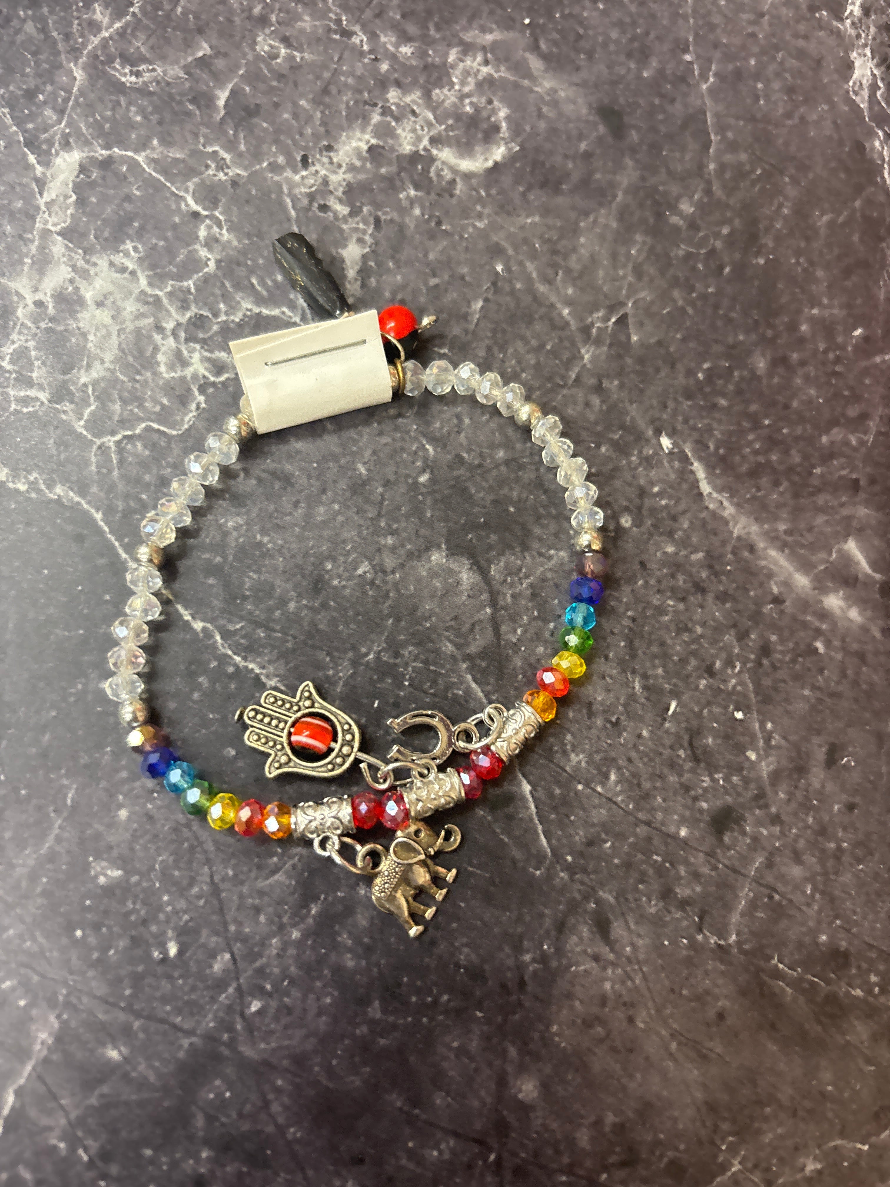 7 Charka Crystal Bead Bracelet with Hamsa & Lucky Elephant Charms – Protection, Joy & Good Fortune
