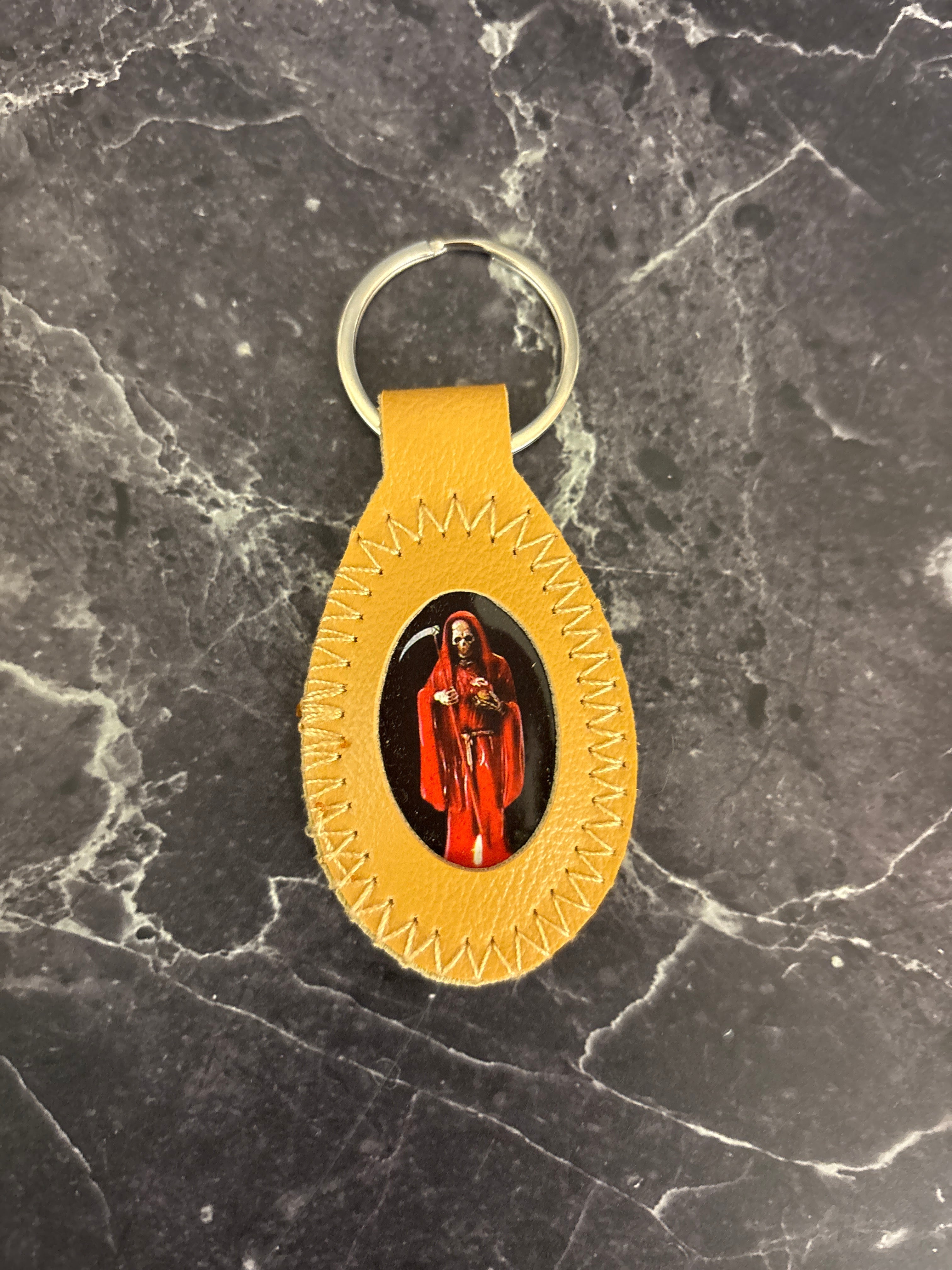 Santa Muerte LEather Keychain Red Robe Design