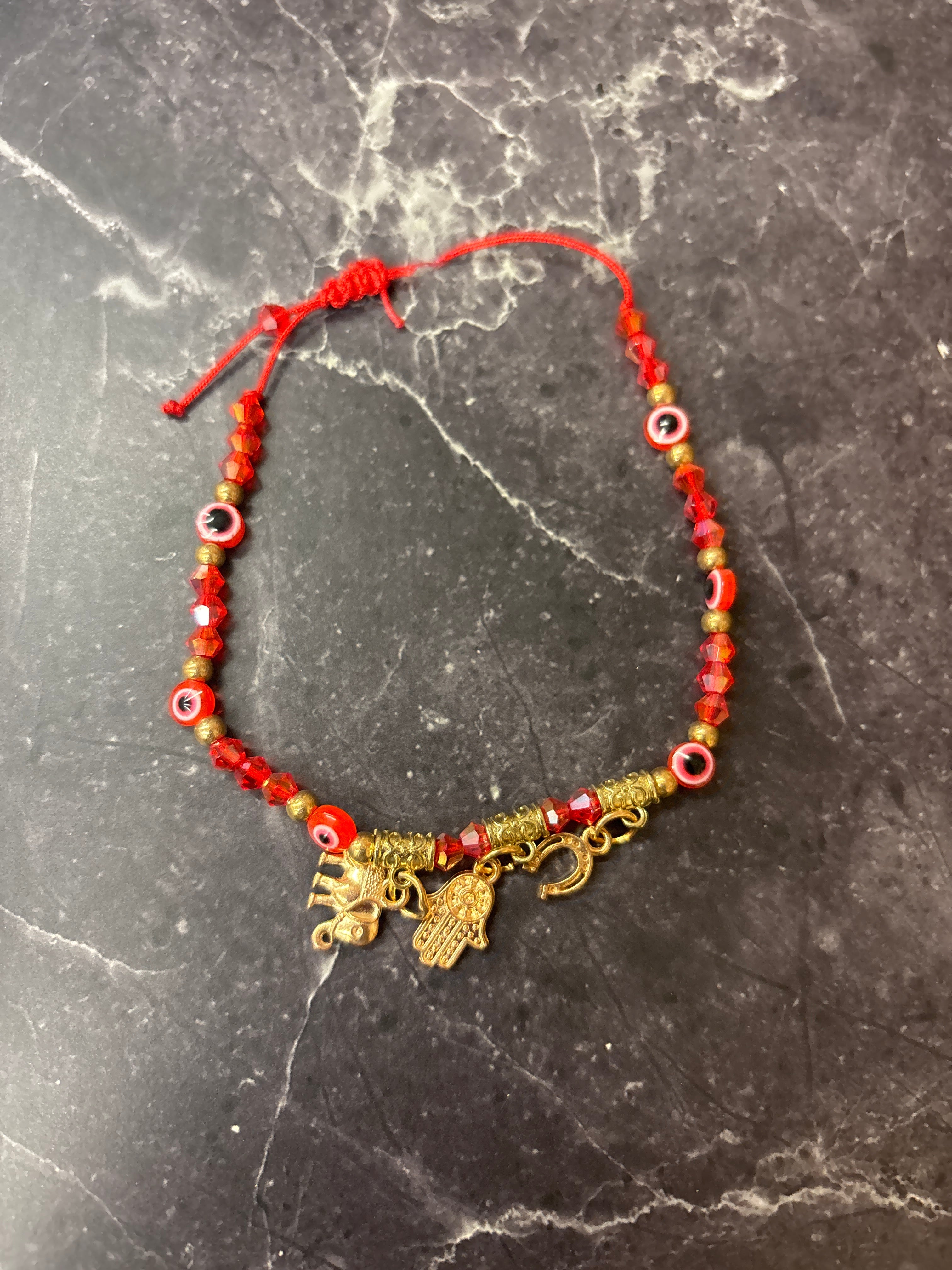 Red Evil Eye Beaded Bracelet with Hamsa, Lucky Elephant & Horseshoe Charms – Protection, Luck & Prosperity