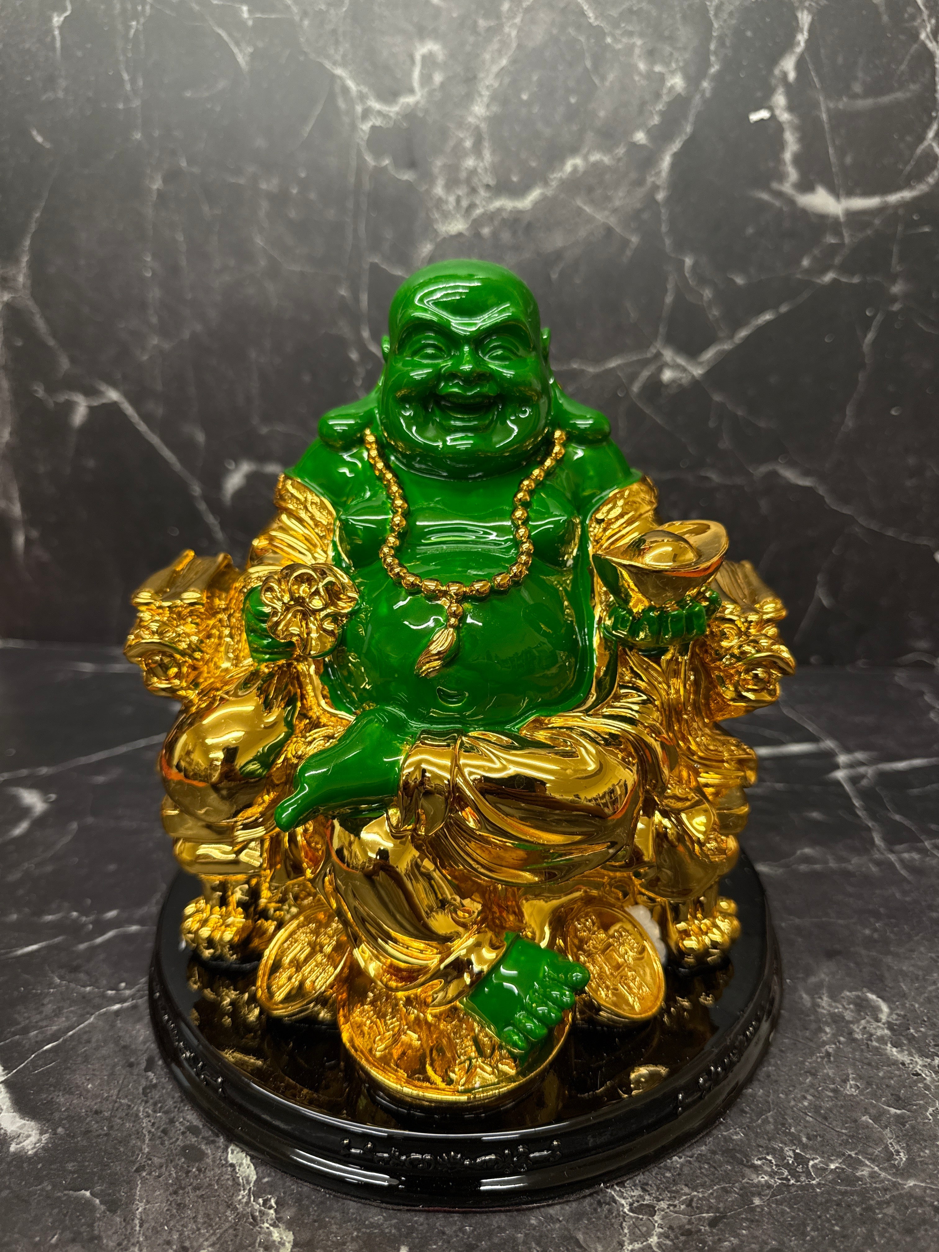 8” & 5.5” Feng Shui Laughing Buddha Figurines – Large Gold, Large Green & Gold, and Small Gold