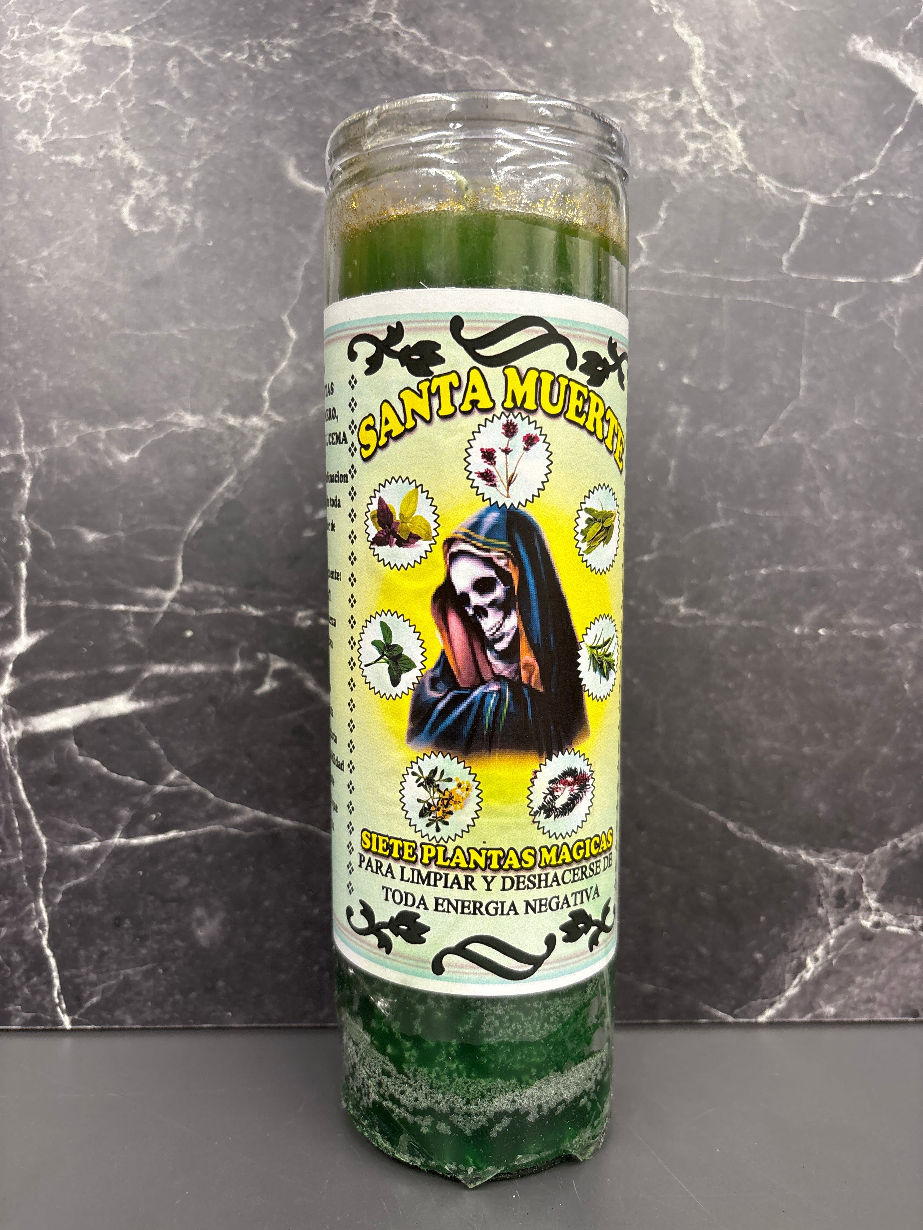 🕯️ Santa Muerte Candle – Siete Plantas Mágicas (Seven Magical Plants) (Prepared or Unprepared)