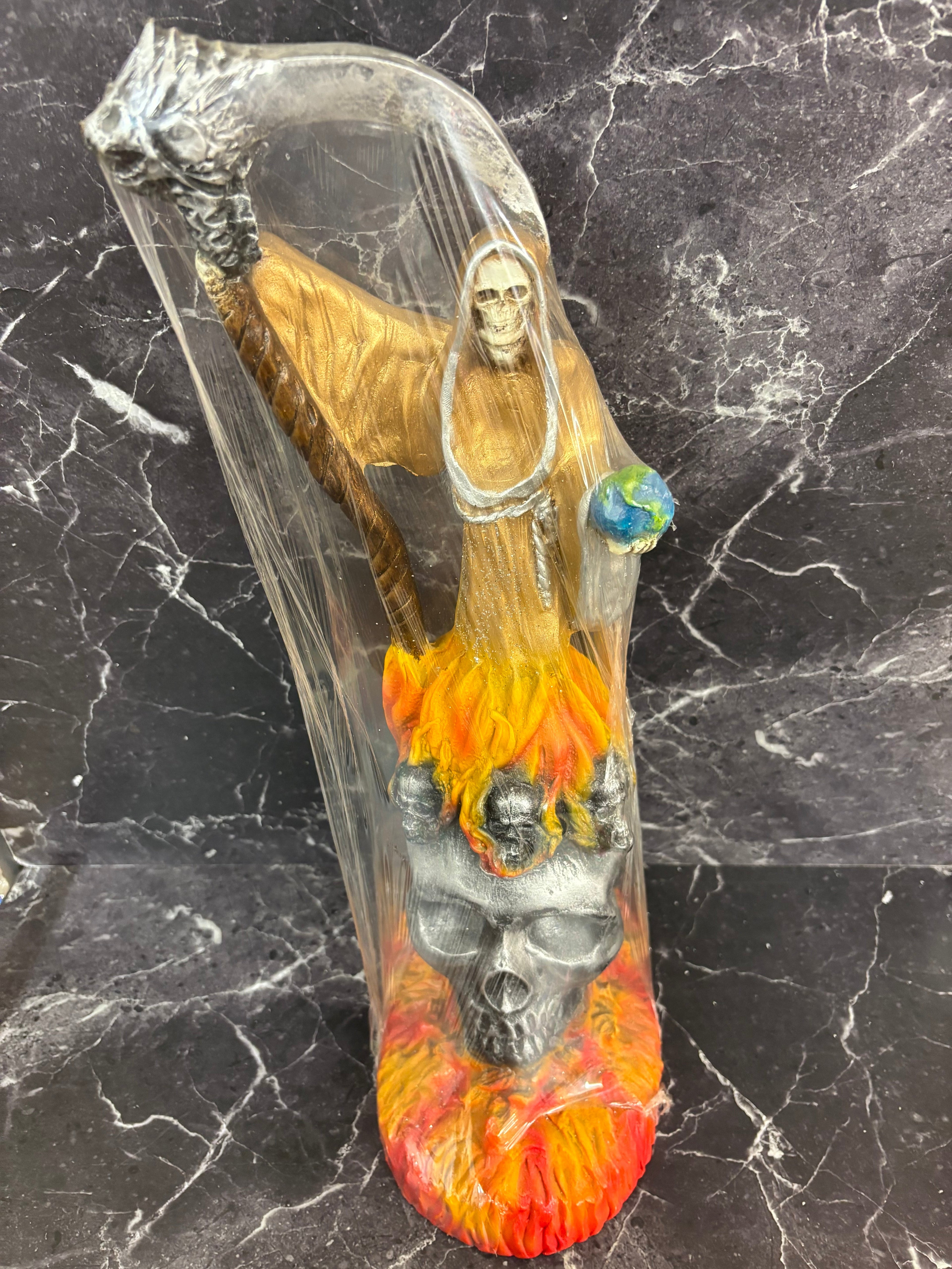 Golden Santa Muerte with Flaming Skull Base – Scythe & Earth Figurine
