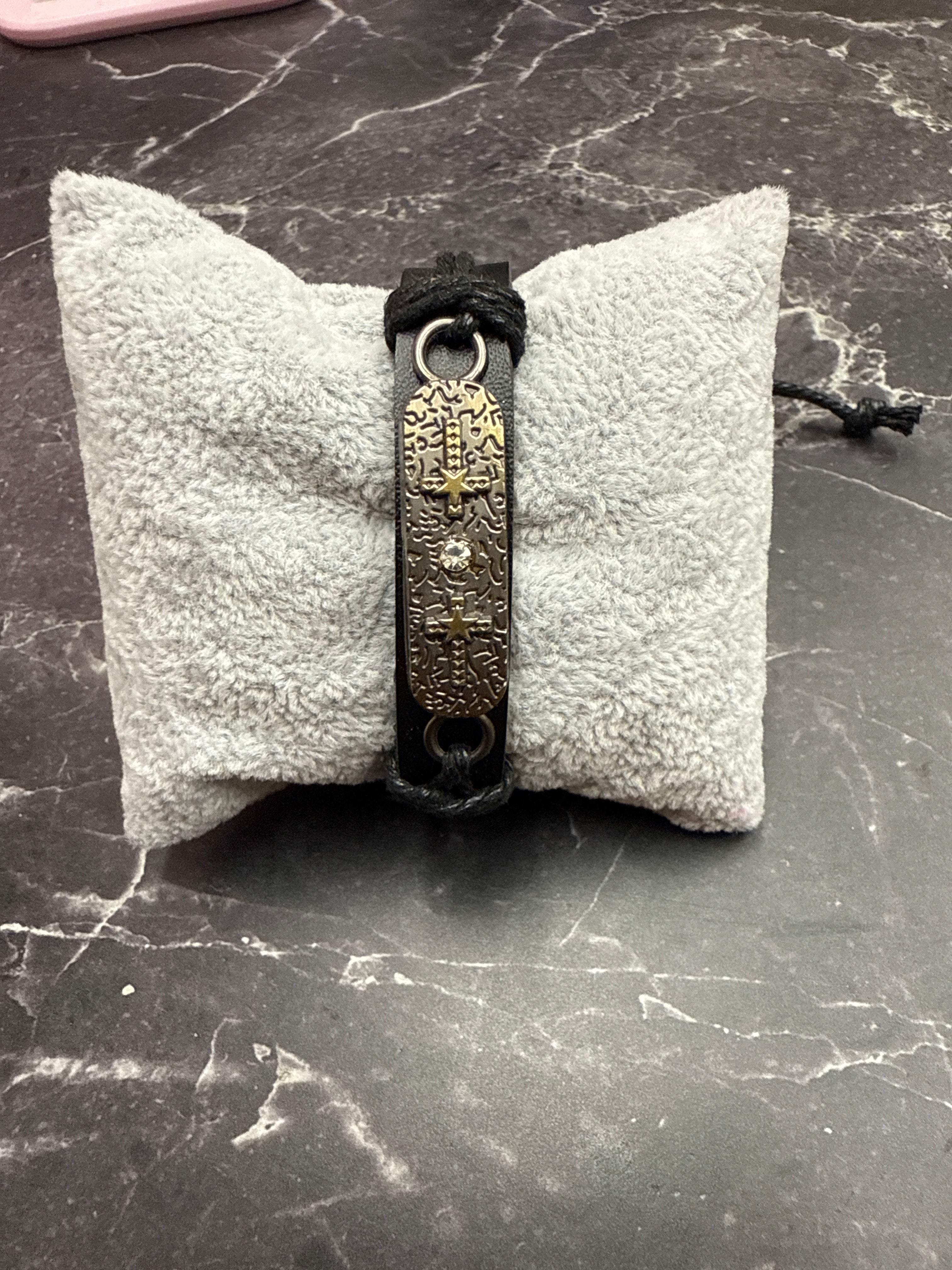 Black Leather Bracelet With Cross And Star Accents