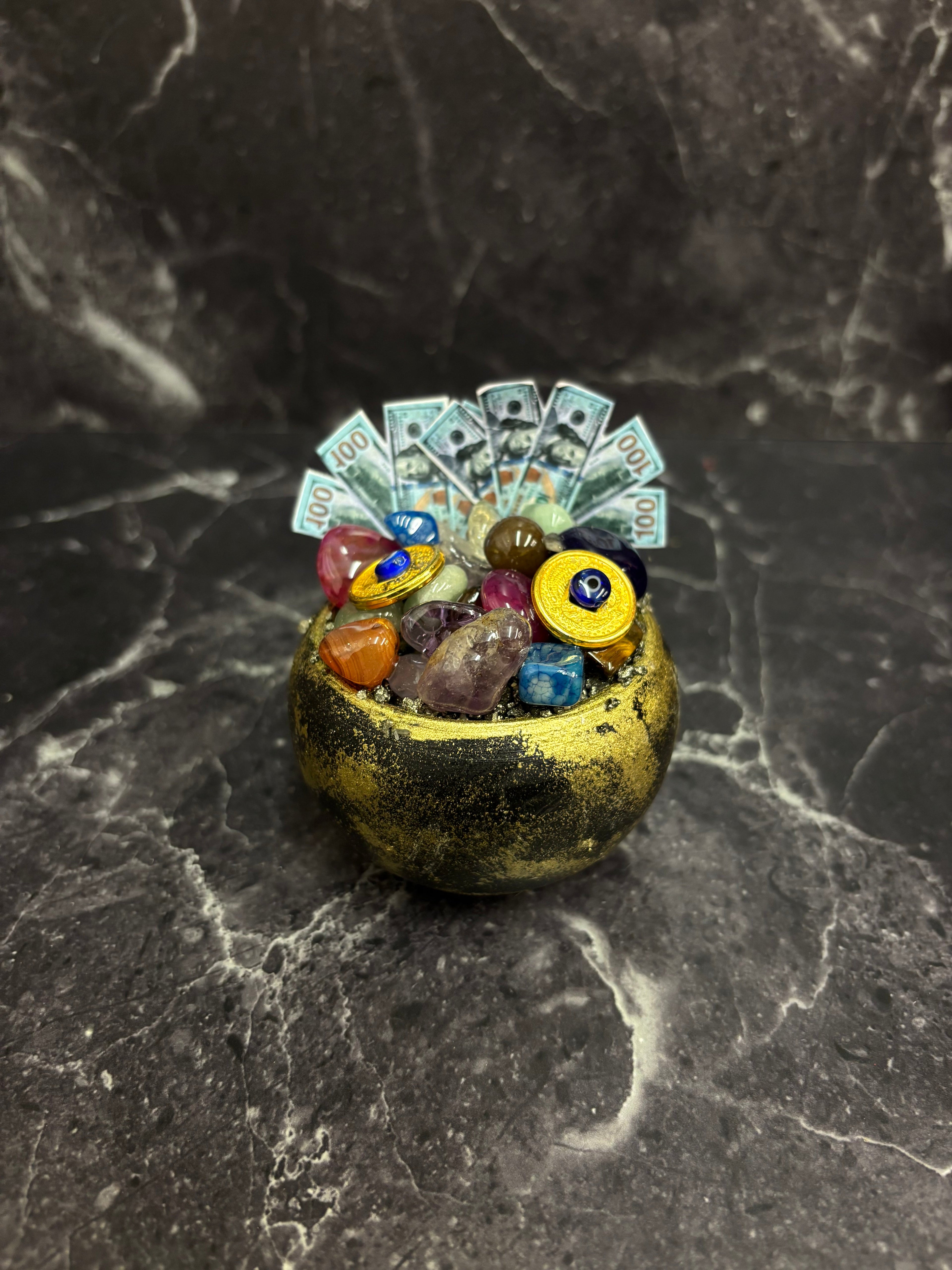 Prosperity Pot with Gemstones, Evil Eye & Money – Wealth & Protection Charm